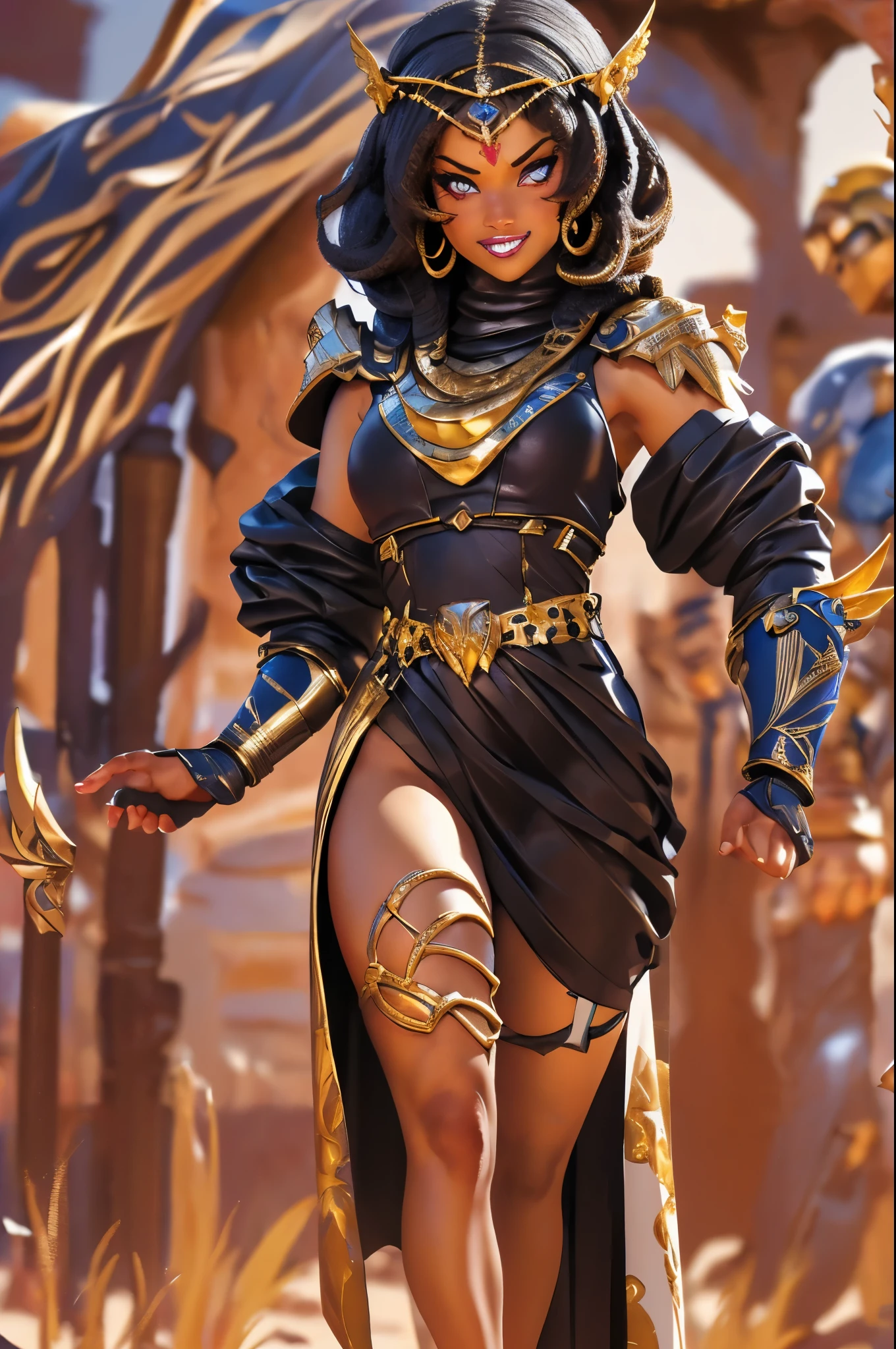 (Masterpiece, Best quality, high resolucion) 1 tall muscular black egyptian woman warrior with curly black hair and golden eyes, red and gold arabic armor, little smile, covered in tattoos, standing in a desert, ready to fight; action pose, dynamic angle, fantasy
