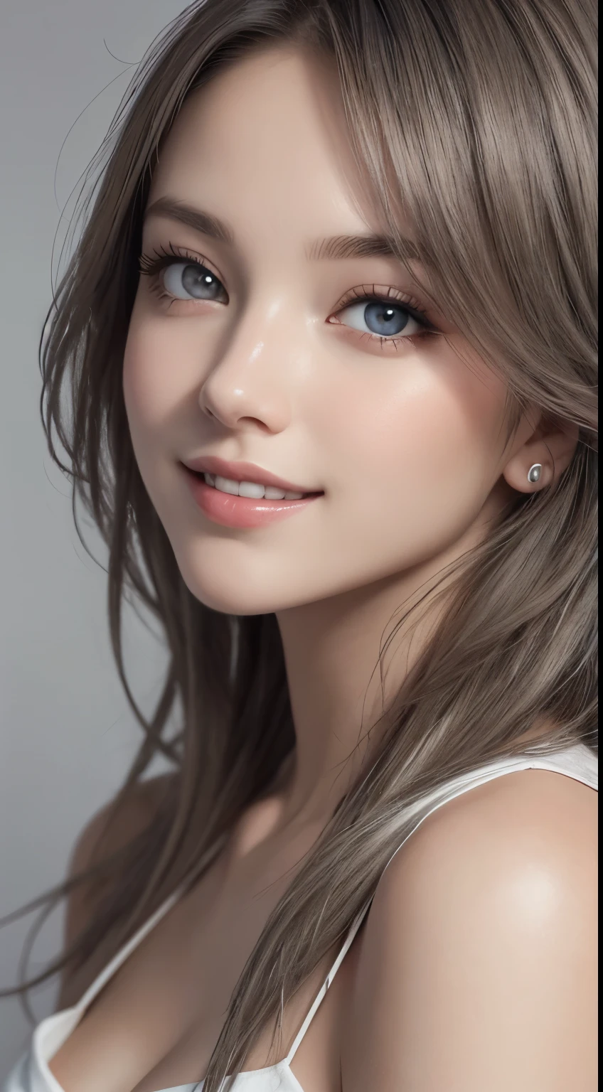 super realistic eyes、fashion model 20 years old, cute, [[[[moist eyes]]]], [[[[closeup]]]], [[[[chest]]]], [[[[neck]]]], [[[[shoulders]]]], perfect eyes, perfect iris, perfect lips, perfect teeth, perfect skin, soft front light, glow, HDR, (muted colors:1.2), Beautiful girl from Eastern Europe with her mouth closed、astonishing beauty、solo、Smile、beautiful face、Upper body、medium side cut、Beautiful short gray hair styled、beautiful little face woman, solo,　black theme,　look at the audience,one woman, It&#39;s real, Wolfzan-6500-V1.3, anime、anime style、beautiful realistic eyes、casual dress、portrait beautiful detailed woman, very detailedな目と顔, Reality, beautiful detailed eyes, huge file size, Super detailed, High resolution, very detailed, highest quality, masterpiece, An illustration, very detailed, ticker, Unite, 8K painting wallpaper, fine, fine details, masterpiece, highest quality, Hvery detailed ticker uniform 8K wallpaper, face light movie lighting、Cute Blouse, dark background, oil, masterpiece, diffused soft film lighting, Portrait, highest quality (perfect face:1.4),stunning girl pictures,(8K and、photorealistic:1.25) 、(lip gloss、eyelashes、shiny face、shiny skin、highest quality、超High resolution、Depth of the bounds written、chromatic aberration、caustic road lighting、natural shading、woman, (Ultra Realistic eyes, High Resolution), (High Definition Eyes, High Definition Hair, High Definition Face, High Definition Plump Lips), (Breast Open Off Shoulder), Bust, Upper Body, Affectionate Smile, (Best Picture Quality: 1.4), Raw Photo, (Realistic, Photography: 1.37), Professional Photographer, Film-like Light, (Fine Plane: 1 . 2),1 Woman, (Ultra Realistic, High Resolution), (High Definition Eyes, High Definition Hair, High Definition Face, High Definition Plump Lips), (Open Breasted Off Shoulder), Bust, Upper Body, Adorable Smile, (Top Quality:1.4), Raw Photo, (Realistic, Photo Realistic:1. 37), Professional Photography, Neat Face: 1 .2), (Representative Work: 1.3), (8K, Phot