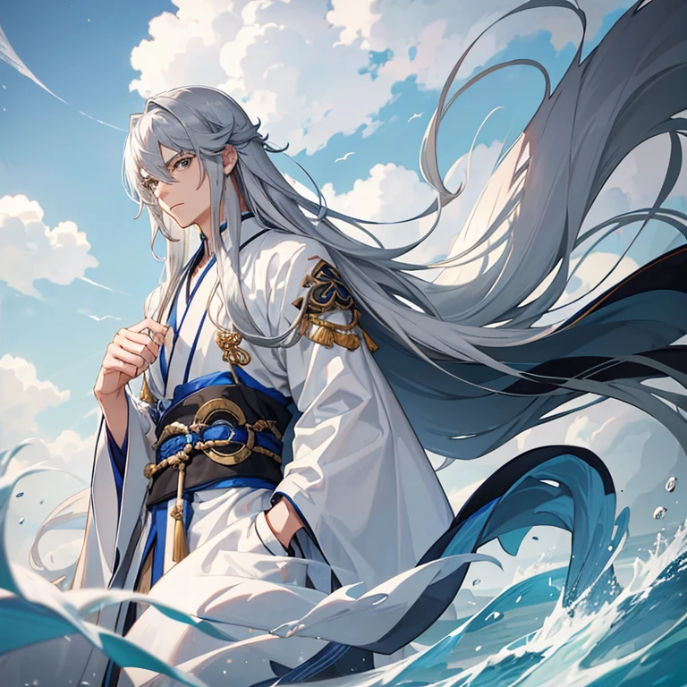 Young, manly and handsome man, slim build, long flowing silver hair with blue highlights, gray eyes, white wearing an ancient gray traditional Chinese robe surrounded by clouds and wind