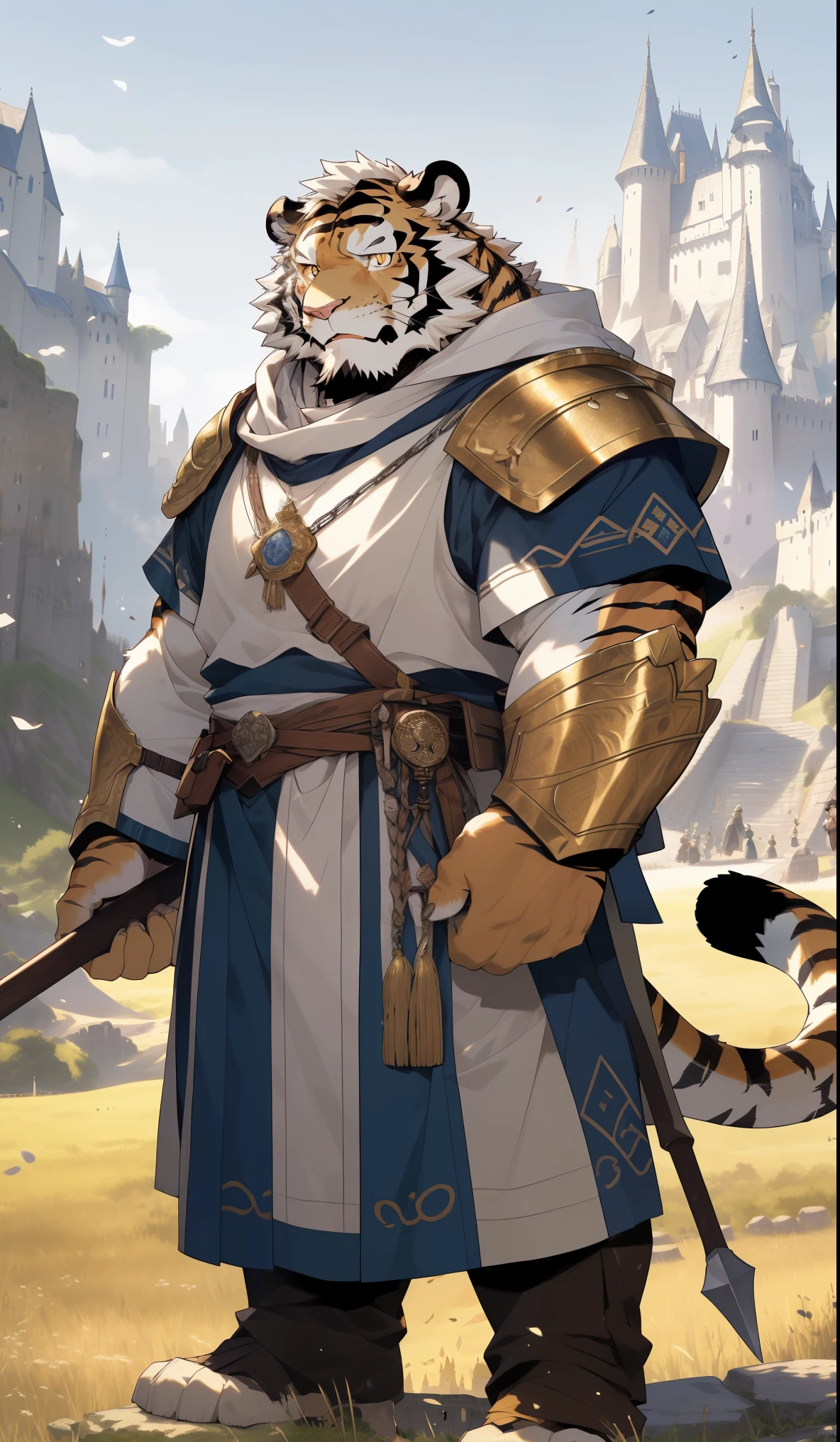 hairy，（tiger，Golden Armor：1.3，Holding a spear：1.3）beard，Golden pupils，Golden fur，Stand in front of the castle，male，Common，full-body shot，Medieval castle，Serious expression，Real background，极其lifelike阴影，masterpiece，Very detailed，lifelike。