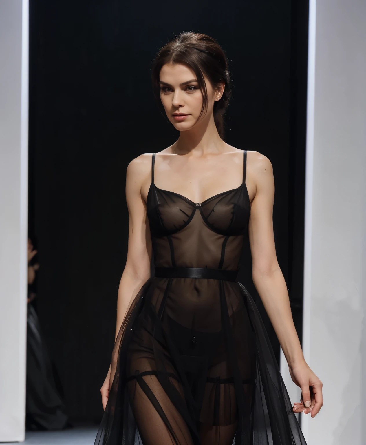 Widow in transparent black tulle dress on the catwalk, without a bra