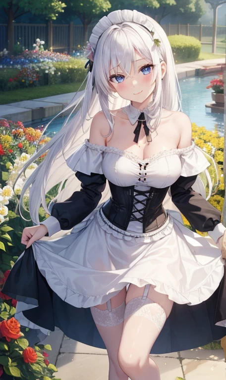 shine white skin.a girl, (((slim body))), (((Off-shoulder Maid clothes))),wet, ((( Flower Garden))), slim body, , slender, body, a pretty girl, Smile, black corset,very short skirt,White hair, ((white cream hair))), w, towa, long_hair, 1girl, solo, blue_eyes, bangs, hair_between_eyes, smile,(((GIANT breaths))),garter belt、