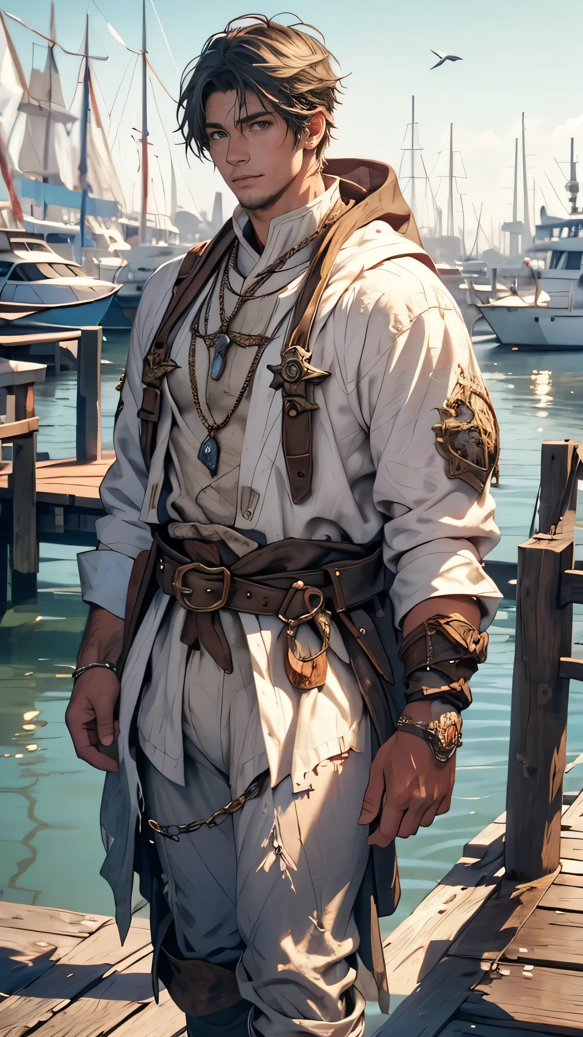 (a young fisherman:1.1, commoner:0.9), (medieval fantasy theme:1.1), (afternoon:1.1), (tattered white clothes:1.1), walking on the harbor dock.
(best quality,4k,8k,highres,masterpiece:1.2), ultra-detailed, (realistic,photorealistic,photo-realistic:1.37), HDR, (vivid colors:1.1).
The prompt describes a young fisherman, a commoner, dressed in tattered white clothes, walking on the harbor dock in the afternoon. The scene is set in a medieval fantasy theme.
The image should be of best quality, 4k or 8k resolution, displaying ultra-detailed and realistic details. It should have HDR lighting and vivid colors to enhance the overall visual experience.