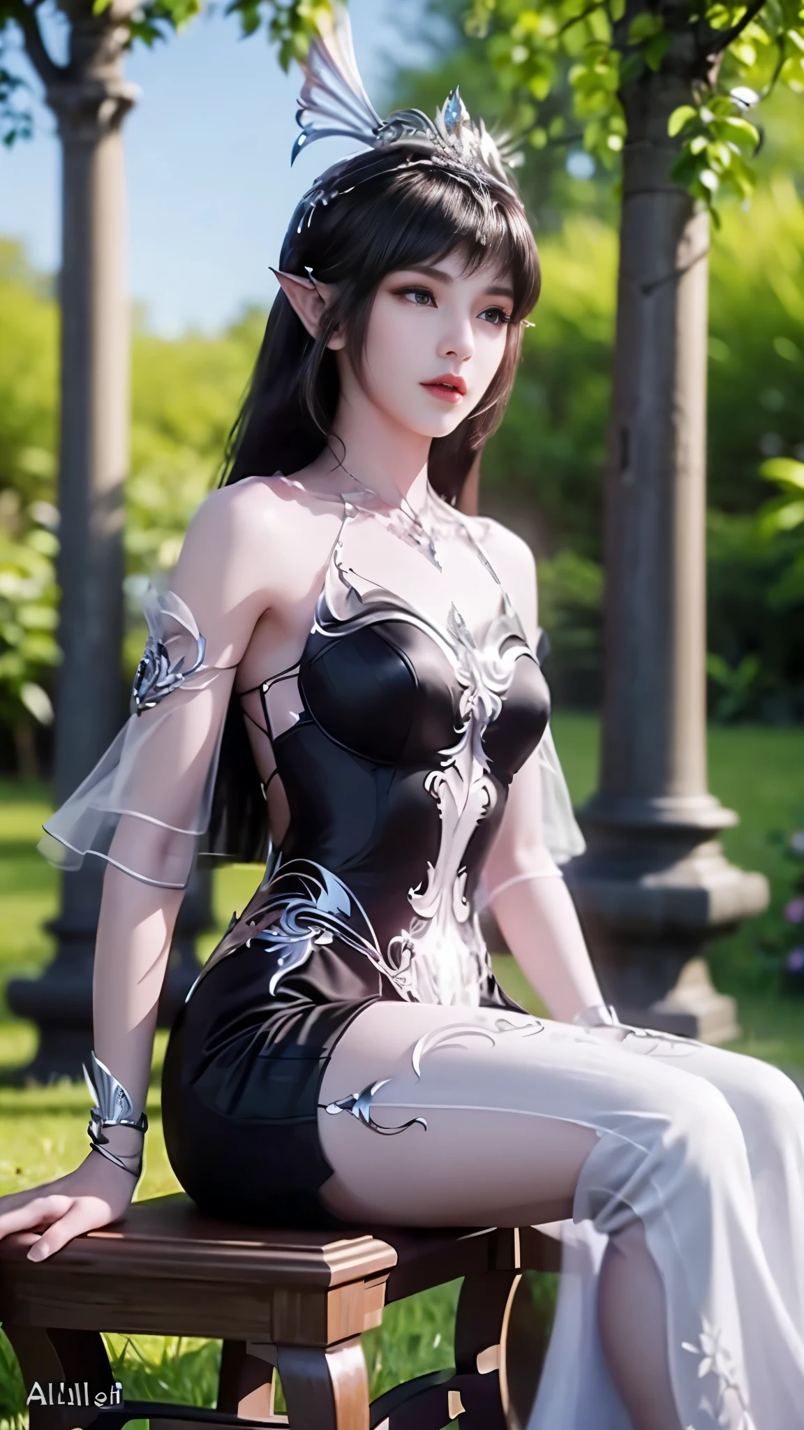 8k, masterpiece, a close up of a woman in a black dress, bare thigh, a beautiful fantasy empress, beautiful fantasy maiden, fantasy art style, trending on cgstation, beautiful and elegant elf queen, beautiful maiden, shining skin, intricate ornate anime cgi style, ((a beautiful fantasy black empress)), beautiful alluring Realistic woman, shining skin, in the park, sun shining, Realistic shadow, attractive poses, sitting, 