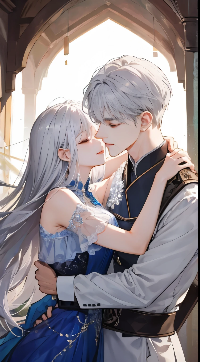 (Very delicate and beautiful:1.2), 8k, (masterpiece, Highest:1.0), 1 male, 1 female, Upper Body, Silver Hair, Embrace each other、Long Hair、Princess hug