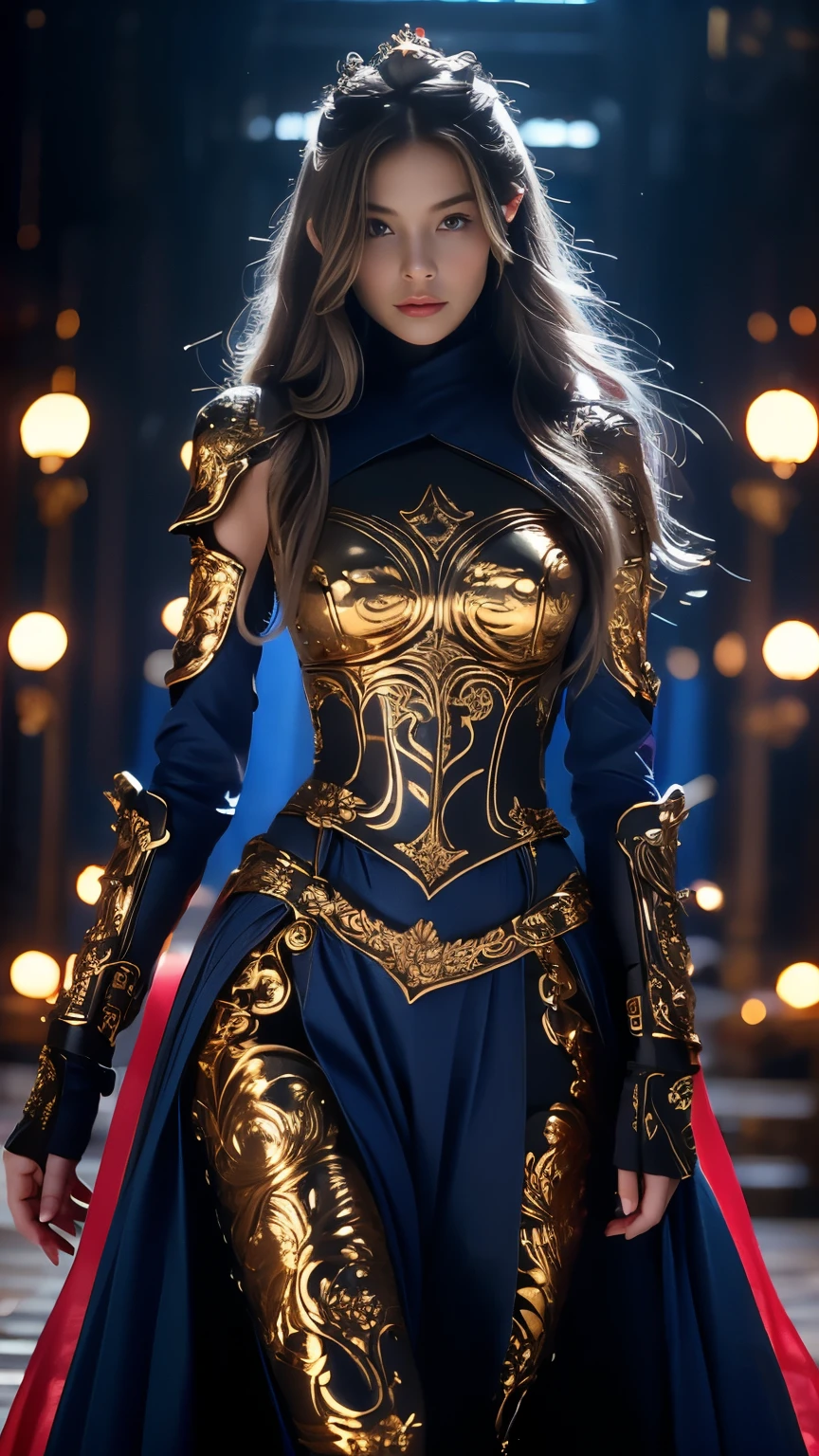 ((highest quality)), ((masterpiece)), (Very detailed:1.3),Woman in black armor, Long Hair. Right hand holds a high-grade sword, Armor fight scene, Very cute face, Very slim body, Very slim, Small waist, Super perfect big , Perfect big round breasts, Smooth skin, Silky Hair, blue eyes, 16 years old, Red Robe,Blue hijab with princess crown , Luxurious golden patterned armor,  blonde, Fighting Style, Red lips, Blushing, Erect nipples , 