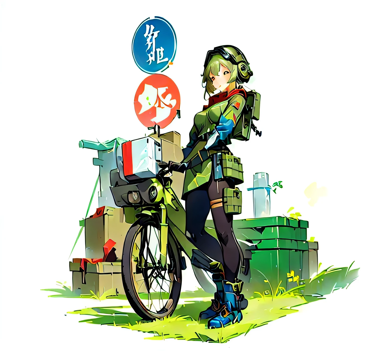Mechanized female soldier, Lingchang, author:Akihiko Yoshida, Artwork in the style of Guweiz, Girl front style, full body tights1:3,sexy1:3,Tech Helmet,Holding FN Project 1990,Various military reserve boxes in the background,radar,Gravel bike,Character standing drawing