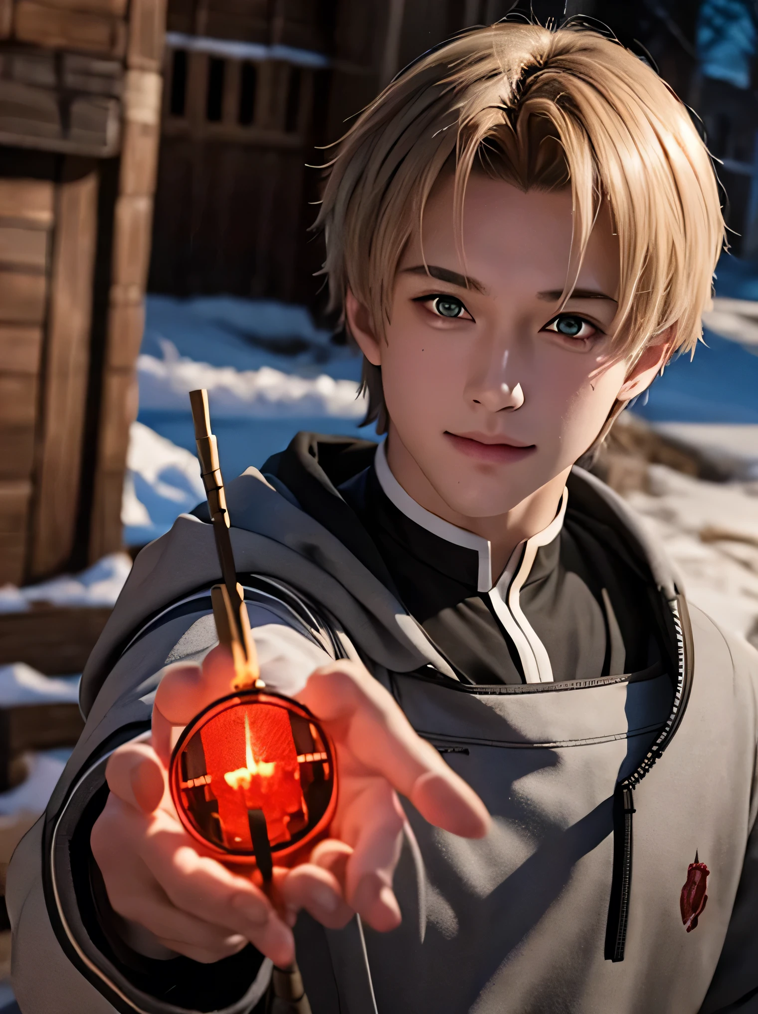 1male, rudeus greyrat, red eyes, handsome, smile, grey clothes, realistic clothes, detail clothes, village background, holding a staff, creating magic fire, blood splatter, depth of field, night, red light particles, light rays, sid e lighting ,Best Quality, High resolution, extremely detailed , 8K, Highly realistic, Ultra-realistic, photos realistic,