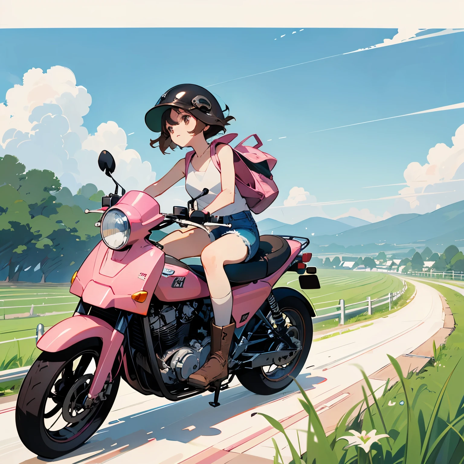 Highest quality、A girl is riding a Super Cub、Dark brown short cut、(He is wearing a jet helmet with white and black lines running down the center of the helmet from front to back.、White tank top、Pink riders jacket、Denim shorts、White knee-high socks、Brown work boots:1.3)、Japanese countryside scenery、Road beside the stream、Small creek、Dirt Road、Weeds grow along the side of the road、Blue sky、White clouds floating、Early summer sky、
