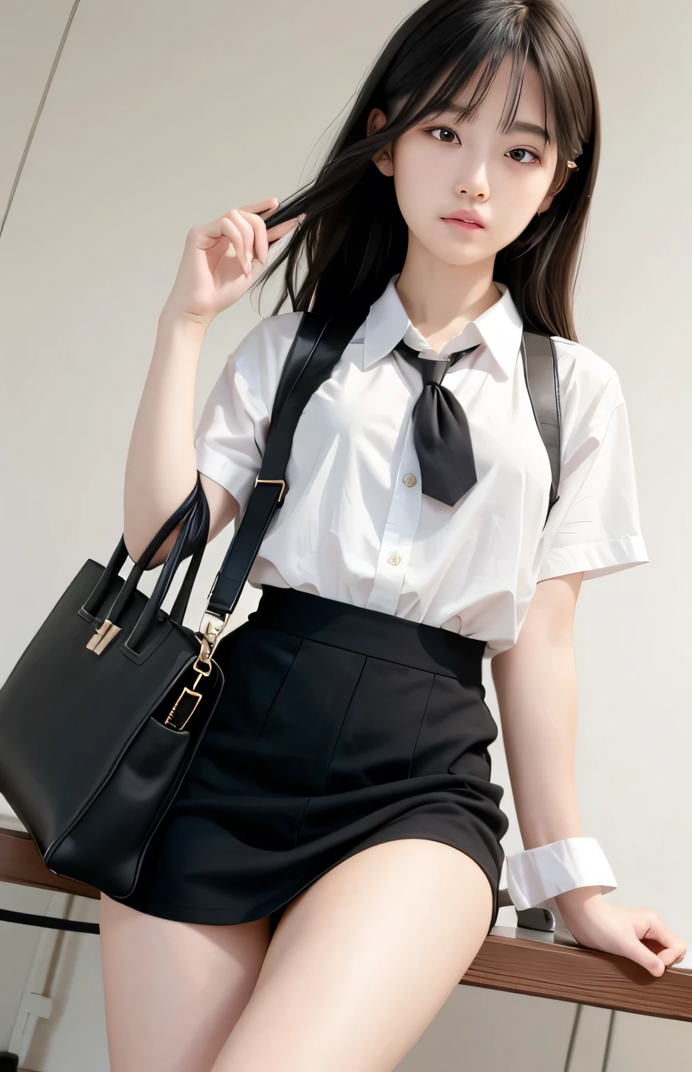 masterpiece, Photo-realistic, best quality, 8k ultra-detailed, illustration, Warm light, full body photo, (paisura:1.4), 1girl, 10 years old, Baby Face, No makeup, hair tie, no breasts, super small breasts, Both eyes are equal, black eyes, necktie, black mini skirt, school mini dresses, The shirt button opens, bag, black hair, Classrooms, empty room, between breasts, Bra with cute prints, panties printed with cute patterns
