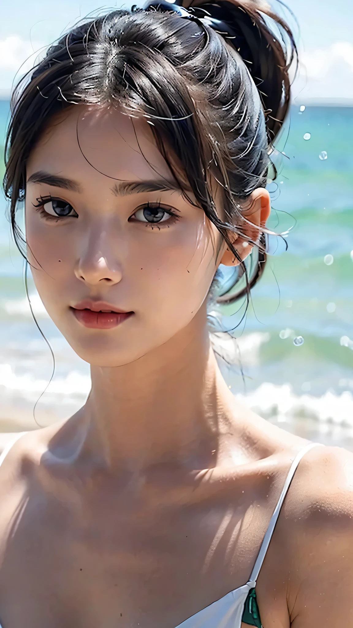 Beach,White bikini swimwear,close-up of face,One woman,fully body photo,masutepiece, The highest image quality, High quality, the background is clear,Beautiful woman, Japanese, Detailed, Detailed eyes, Detailed skin, Beautiful skin, 超hight resolution, (reality: 1.4),Very beautiful woman, Slightly younger face, Beautiful skin, slender, (Ultra photo realsisim), (hight resolution), (8K), (Very detailed) (beautifully detailed eyes), (super detailed), (Detailed face), view the viewer, Fine details, Detailed face, Staring straight ahead, Staring straight ahead, photos realistic, Bright lighting, Professional Lighting, Black hair,poneyTail,a baby face,sixteen years old,Hairstyle: ponytail,Long ponytail hairstyle,slight smile,