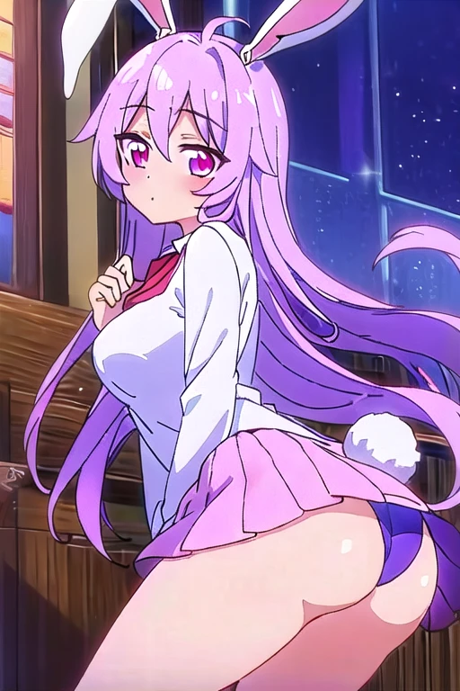 ((mejor calidad)), ((Obra maestra)), (detallado), cara perfecta, ojos perfectos, manos perfectas, reisen udongein inaba, 1girl, bare legs, medium breasts, long hair, panties, purple hair, rabbit ears, animal ears, rabbit tail, white shirt, pink skirt, red eyes, solo, ass