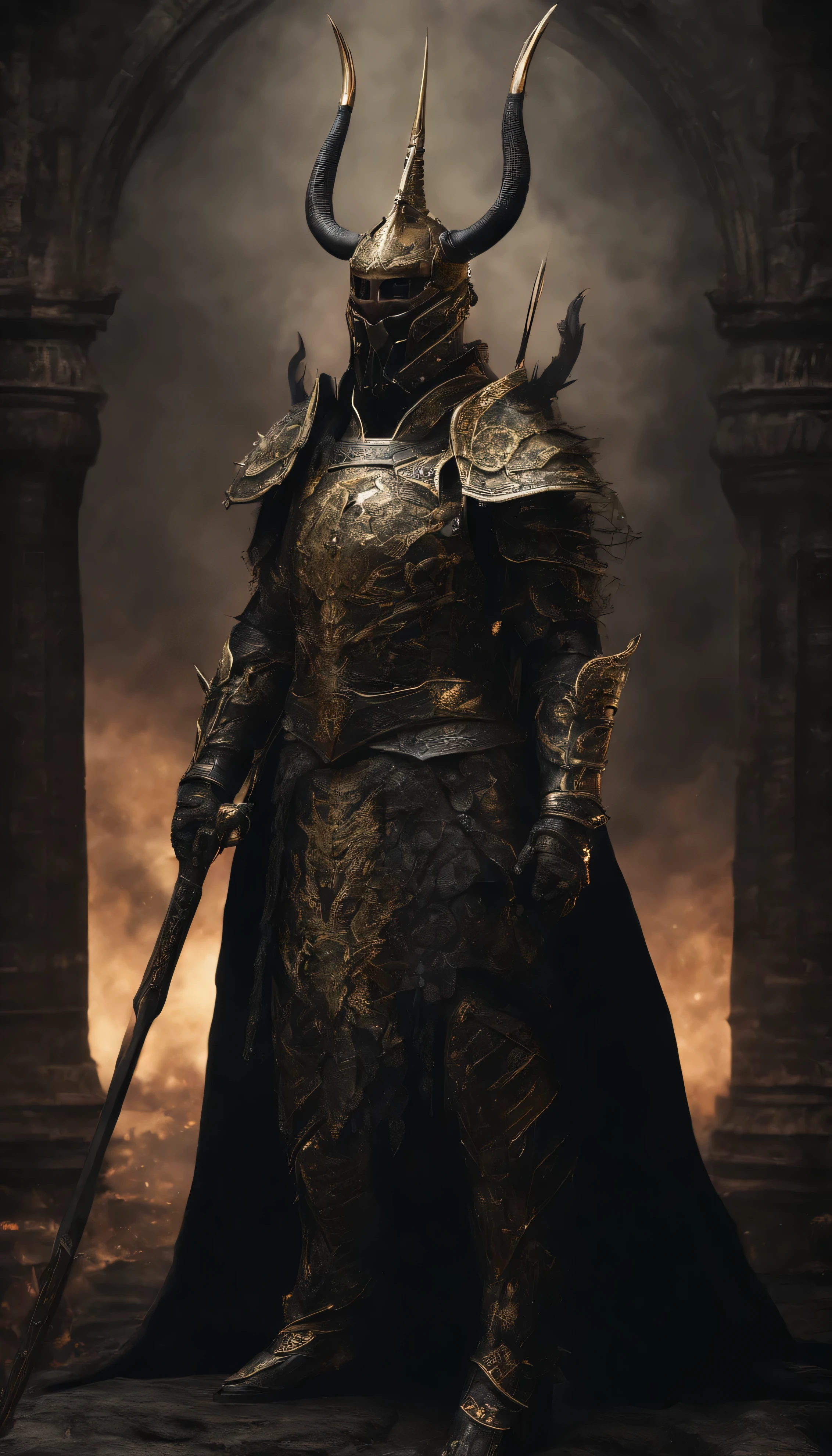 warrior, concept-art, Fantasy art, battleground background, clean render, a horned, Wear a suit of armor, Detailed bushido form smoke, helmet of a forgotten deity, character is standing, 8k Realistic, in game render, detailed face background detail, Art station front page, taur, Pseudo-medieval fantasy, A deity wearing koi armor, detailed bronze armor, Bronze armor, golden etched armor, gold obsidian armor, Light gold armor, Gorgeous filigree armor, A demonic warrior, Gorgeous armor full of thorns, Intricate assasin armor, Intricate metal armor, powerful warrior, Dressed in gorgeous gold armor,Decorated with intricate patterns, The helmet has a large crown and two horns,Glowing red eyes, Everything is in the dark, The smoky background alludes to battle scenes, Add an ominous aura to his character,submission, Full body shot.