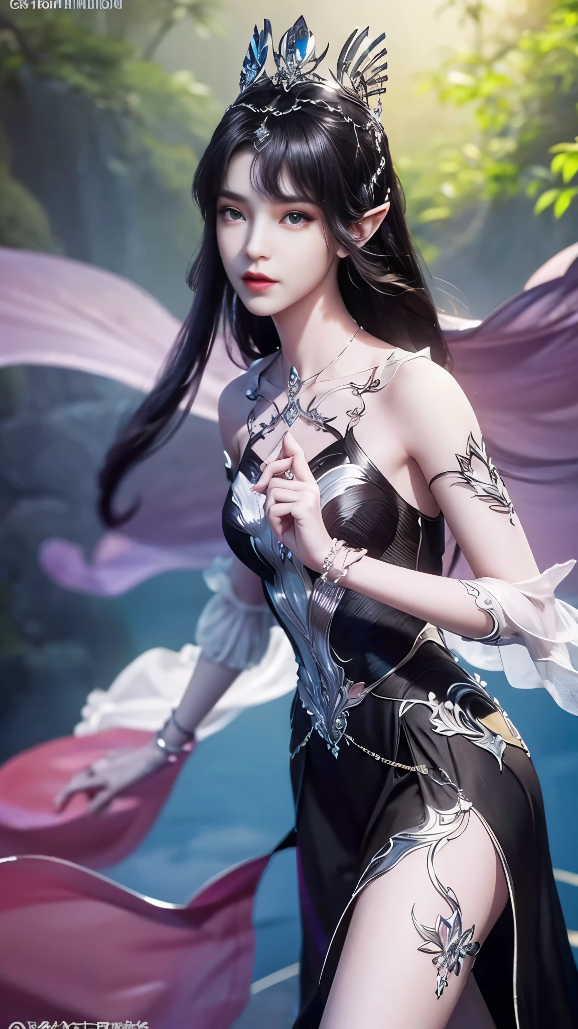 8k, masterpiece, a close up of a woman in a black dress, bare thigh, a beautiful fantasy empress, beautiful fantasy maiden, fantasy art style, trending on cgstation, beautiful and elegant elf queen, beautiful maiden, shining skin, intricate ornate anime cgi style, ((a beautiful fantasy black empress)), beautiful alluring Realistic woman, shining skin, in the park, sun shining, Realistic shadow, attractive poses,