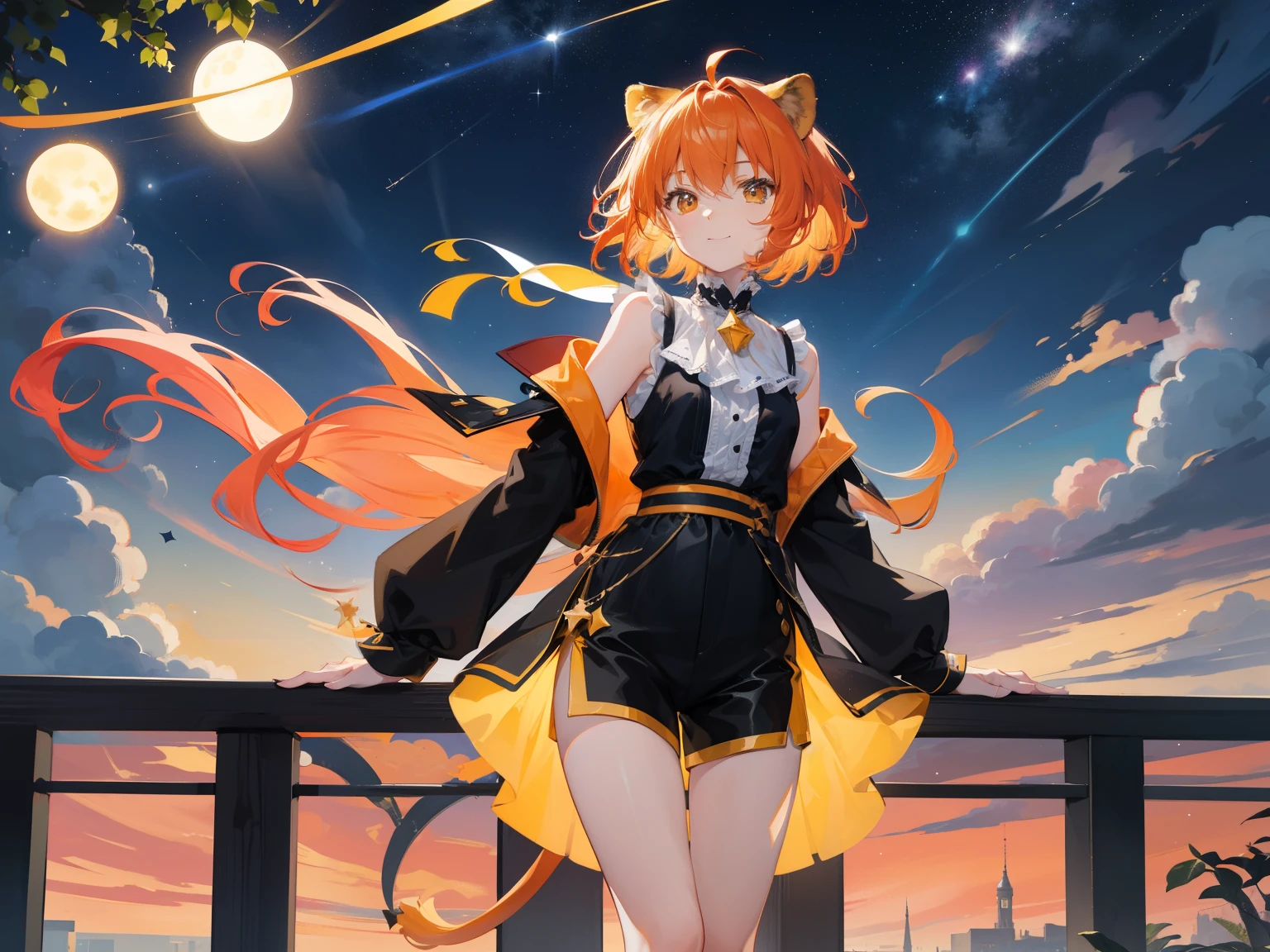 12 constellations, Leo, presence, easy-going, child-like playfulness, sun-like, energetic personality, dignified, chatty, terrace seat, chin raised, speaking, leading role, energetic, legs crossed, Leo Tail, lion ears, star brooch, orange, yellow and bright red image, orange hair, wavy hair, short hair, jewel eyes, wind, smile, night sky, meteor, cool composition, black shorts, solo illustration