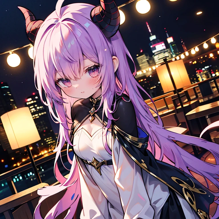 Night World, 1 ,,Purple Hair,Huge ahoge, Small breasts, Light Skin, Larger clothes,devil,hairstyle with volume,Expose,Looking down on