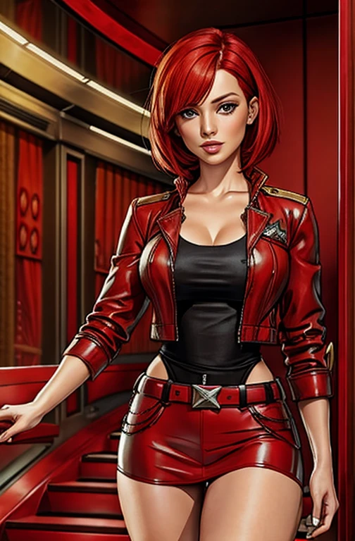 red bob cut, beautiful woman, starship captain, short jacket, cowboy shot, flirty, military bearing, standing, pirate