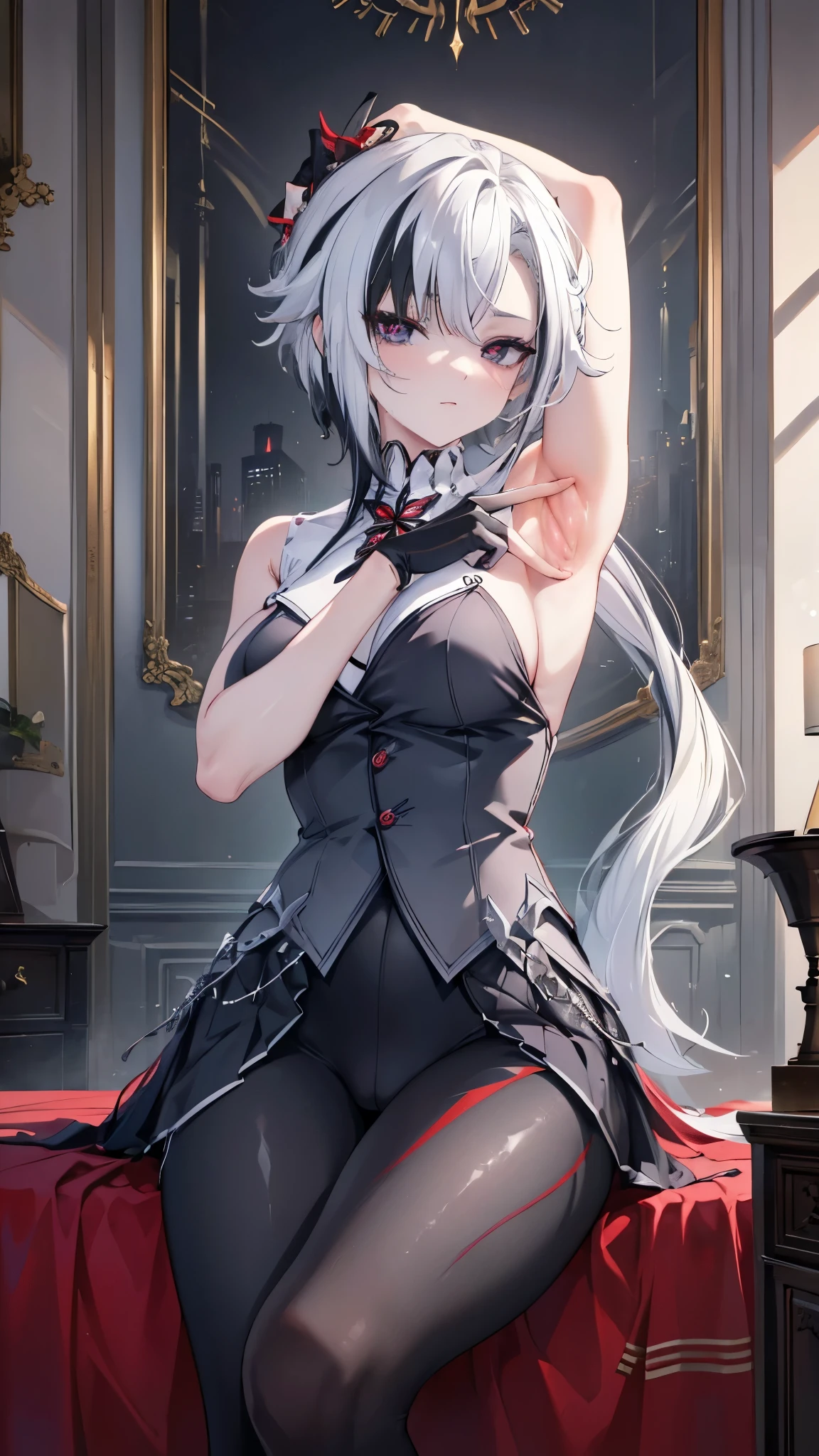 (masterpiece, top quality, best quality, official art, beautiful and aesthetic:1.2),(8k, best quality, masterpiece:1.2), (((masterpiece))),(((best quality))),(((extremely detailed))),illustration,who, (masterpiece, top quality, best quality, official art, beautiful and aesthetic:1.2),(8k, best quality, masterpiece:1.2), 1girl, arlecchino \(genshin impact\), 1girl, solo, white hair, black hair, multicolored hair, black eyes, x-shaped pupils, gloves, arle_suit, hand on hip, spread armpit sitting on chair