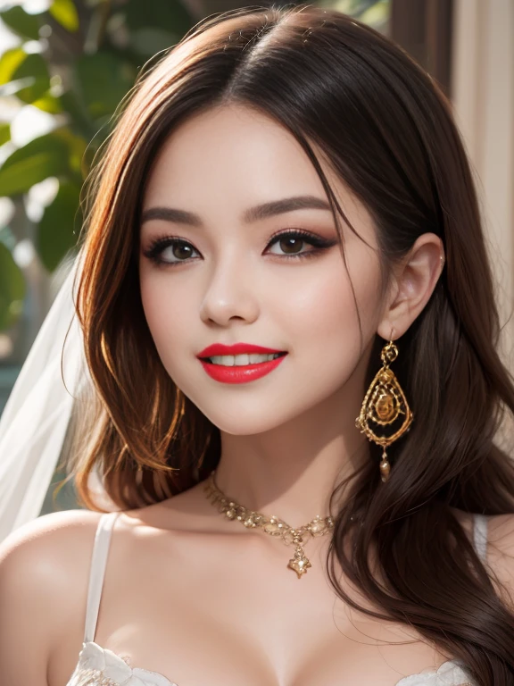 pretty girl: Asian, super cute;
Age: from 18-20 years old;
hair: bronze orange, smooth, shimmering in the sunlight, detailed;
skin: ivory white, rosy and flawless;
eyes: pure black, almond-shaped, sexy, youthful, clear, super detailed, elegant, seductive, sharp, realistic makeup, attracting viewers;
eyelids: delicate, perfect beauty;
Eyebrows: arched, sparse, sharp;
face: beautiful, pure, like a fairy, with gentle makeup, lovely, perfectly balanced, beautiful in every detail;
nose: pretty, lovely, high;
Cheekbones: prominent;
lips: seductive, light red lipstick, lovely lip gloss;
teeth: radiant, pure white;
charming smile, showing off bright white teeth;
body: plump, attractive, full of youth;
accessories: luxurious, sophisticated;
outfit: high-end, modern 2024, silk fabric;
Photo quality: non-NSFW, 8K CG HD, sharp, super beautiful graphics, professional, detailed, vibrant colors, super smooth, advanced techniques, true RAW;
lighting: luxury, complex color scheme, black gold rays;
sunlight: sparkling, illuminating the girl's body;
Background: brilliant flower garden, bright light;