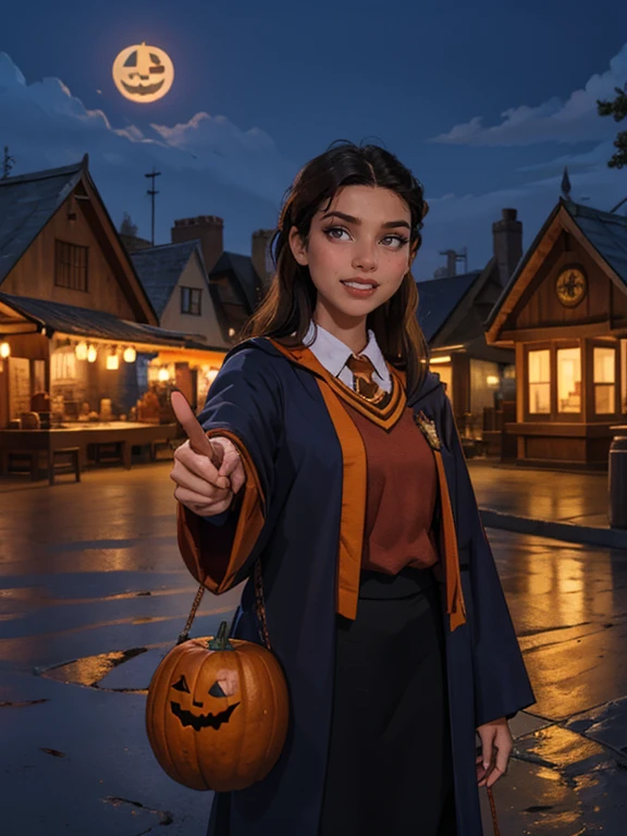 1girl, solo, RAW Photo, Photograph of a young beautiful bright indonesian woman with long hair flow in soft curl, grin smile, pointing and holding pumpkin, wear hogwarts uniform, halloween theme, dark, outdoor, night, detailed background, (cowboy shot:1.1), best quality, masterpiece, uhd, ((photorealistic))