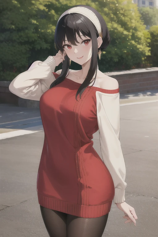 An extremely beautiful cute woman, with black long hair, big red eyes, extremely fair shiny bright white skin, and soft pink blushes on her cheeks, Cute plain look on her face, wearing an off-shoulder red sweater dress with black stockings, white heels, a gold necklace, blue earrings, and red puffy lips. Standing straight, garden in the background. Show full body from head to toe.