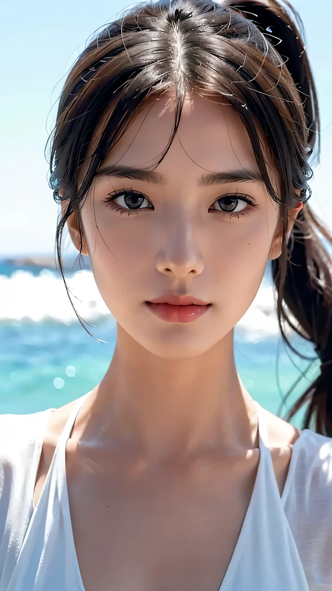 Beach,White bikini swimwear,close-up of face,One woman,fully body photo,masutepiece, The highest image quality, High quality, the background is clear,Beautiful woman, Japanese, Detailed, Detailed eyes, Detailed skin, Beautiful skin, 超hight resolution, (reality: 1.4),Very beautiful woman, Slightly younger face, Beautiful skin, slender, (Ultra photo realsisim), (hight resolution), (8K), (Very detailed) (beautifully detailed eyes), (super detailed), (Detailed face), view the viewer, Fine details, Detailed face, Staring straight ahead, Staring straight ahead, photos realistic, Bright lighting, Professional Lighting, Black hair,poneyTail,a baby face,sixteen years old,Hairstyle: ponytail,Long ponytail hairstyle,slight smile,