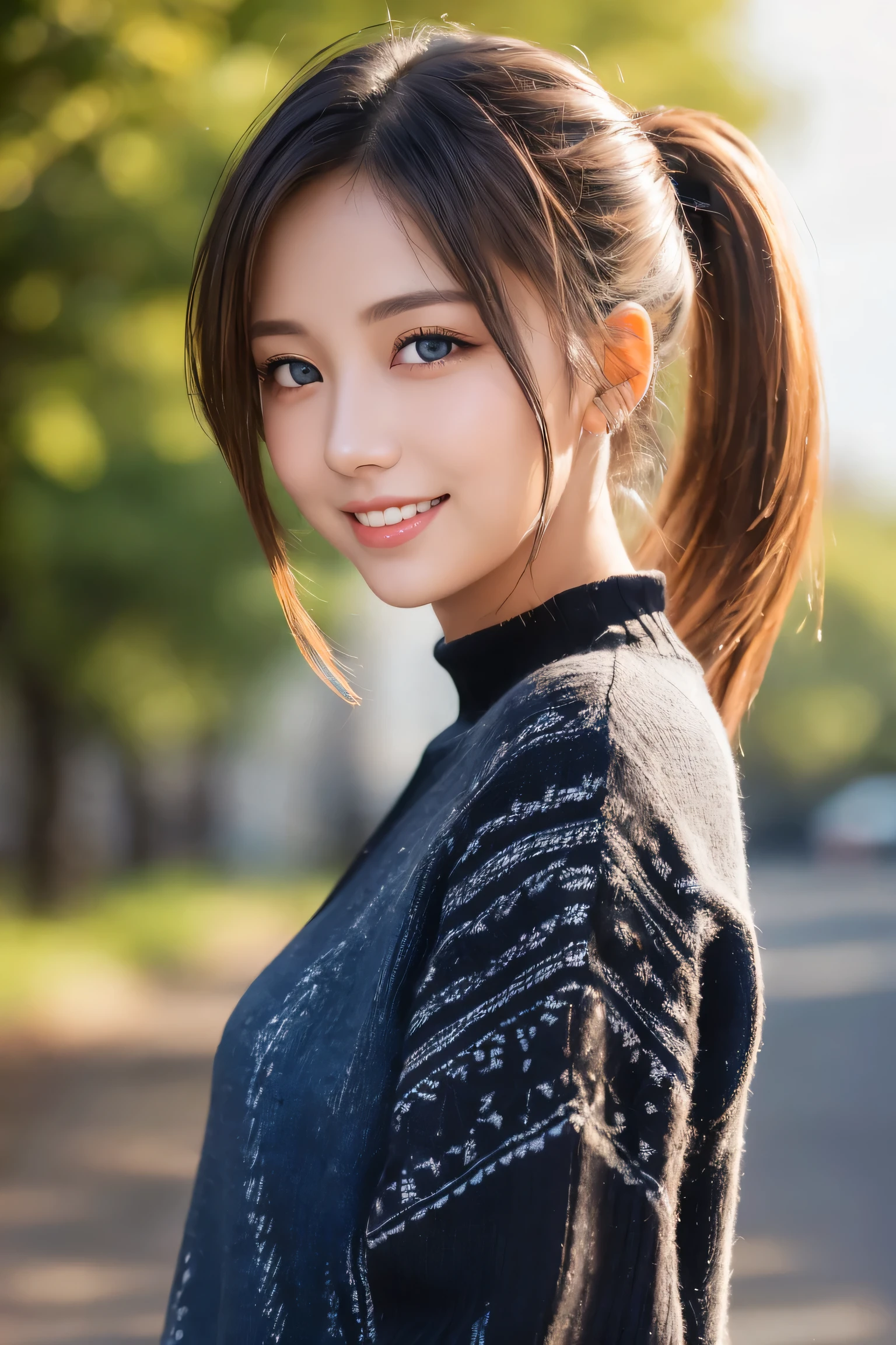 ((masterpiece)), ((best quality)), (ultra-detailed), ((kawaii)), cute, ((lovely)), ((extremely detailed)), ((extremely detailed)), ((extremely detailed)), 4K, (8K), (beautiful), illustration, (cowboy shot:1.3), outside, park, a cute girl, 1girl, soro, japanese, (black plain sweater:1.3), (v-neck plain sweater), (denim pants), (beautiful brown hair), ((beautiful hair)), (pony tail), beautiful blue eyes, ((beautiful eyes)), white teeth, smile, (blush:1.2), shine with colored light,