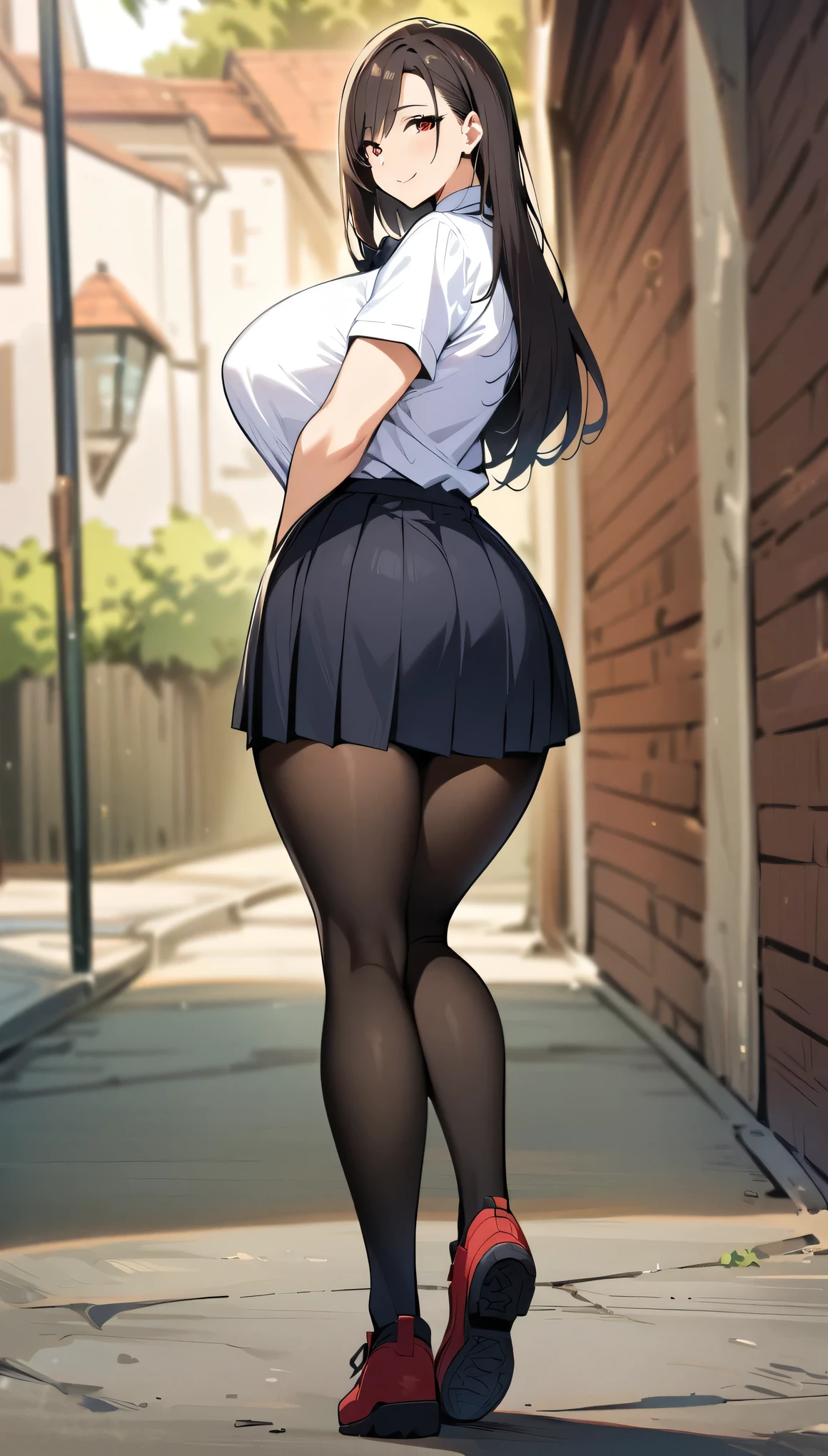 Beautiful, (masterpiece:1.2), (best quality:1.2), perfect eyes, perfect face, perfect lighting, (1girl), (solo), (female focus), brunette hair, short hair, dark circles, light smile, mouth closed, white shirt, buttoned shirt, (black skirt), (short skirt), standing , dynamic background, arms behind back, ((wide hips)), (thick), bralless, goth girl, goth girl, corneo_runny_makeup, runny makeup, nudity, strangle, big breasts, big buttocks, big opai, nude, bumps