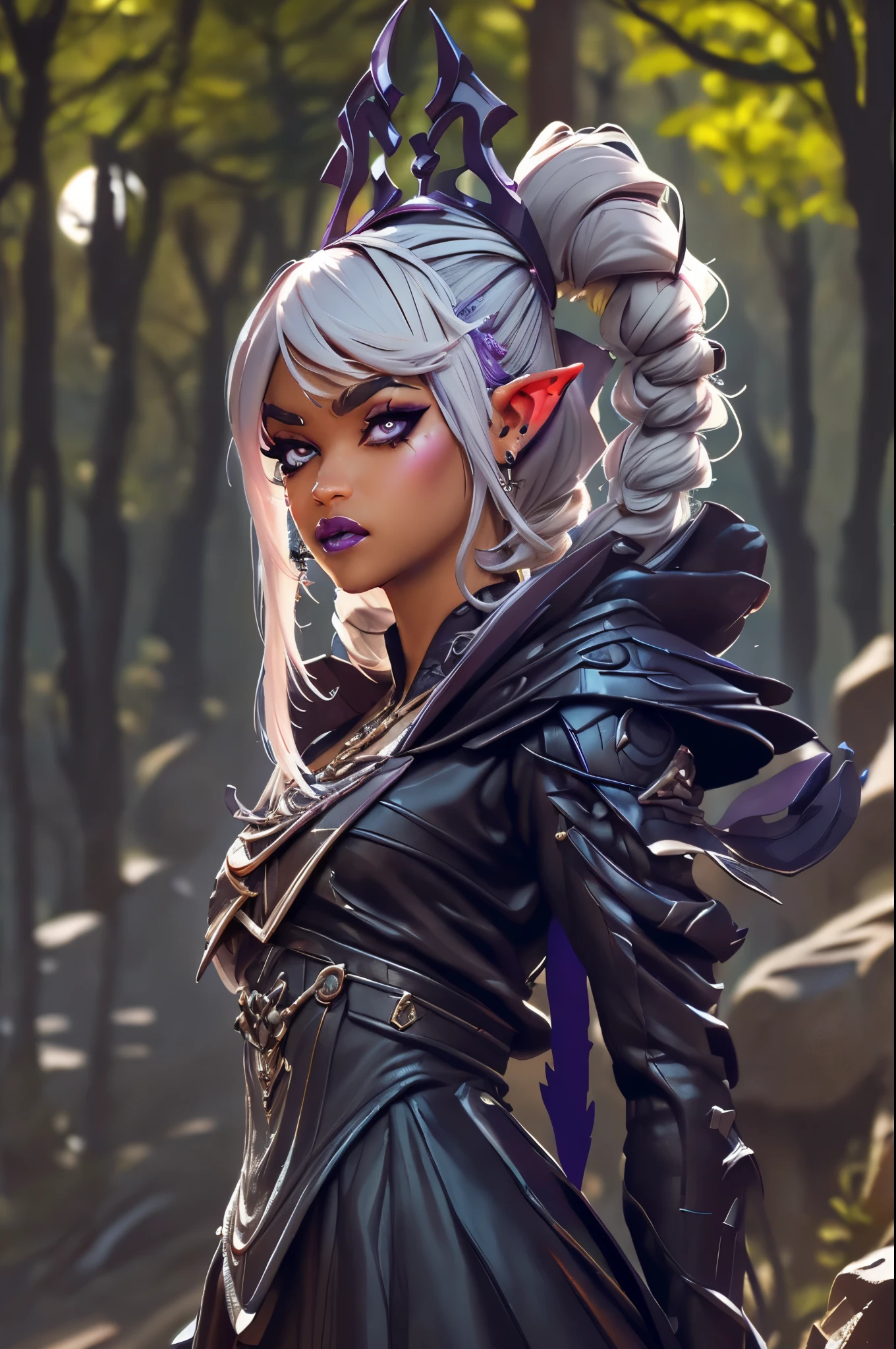 (Dark elf witch), the face of zendaya:Dua lipa, pointy ears, grey skin, white hair, (high top fade haircut), (one braid in one side of the head), masterpiece, dark forest in the background, fog, in the night, full moon ligth, 8k, detailed digital art, piercings.
