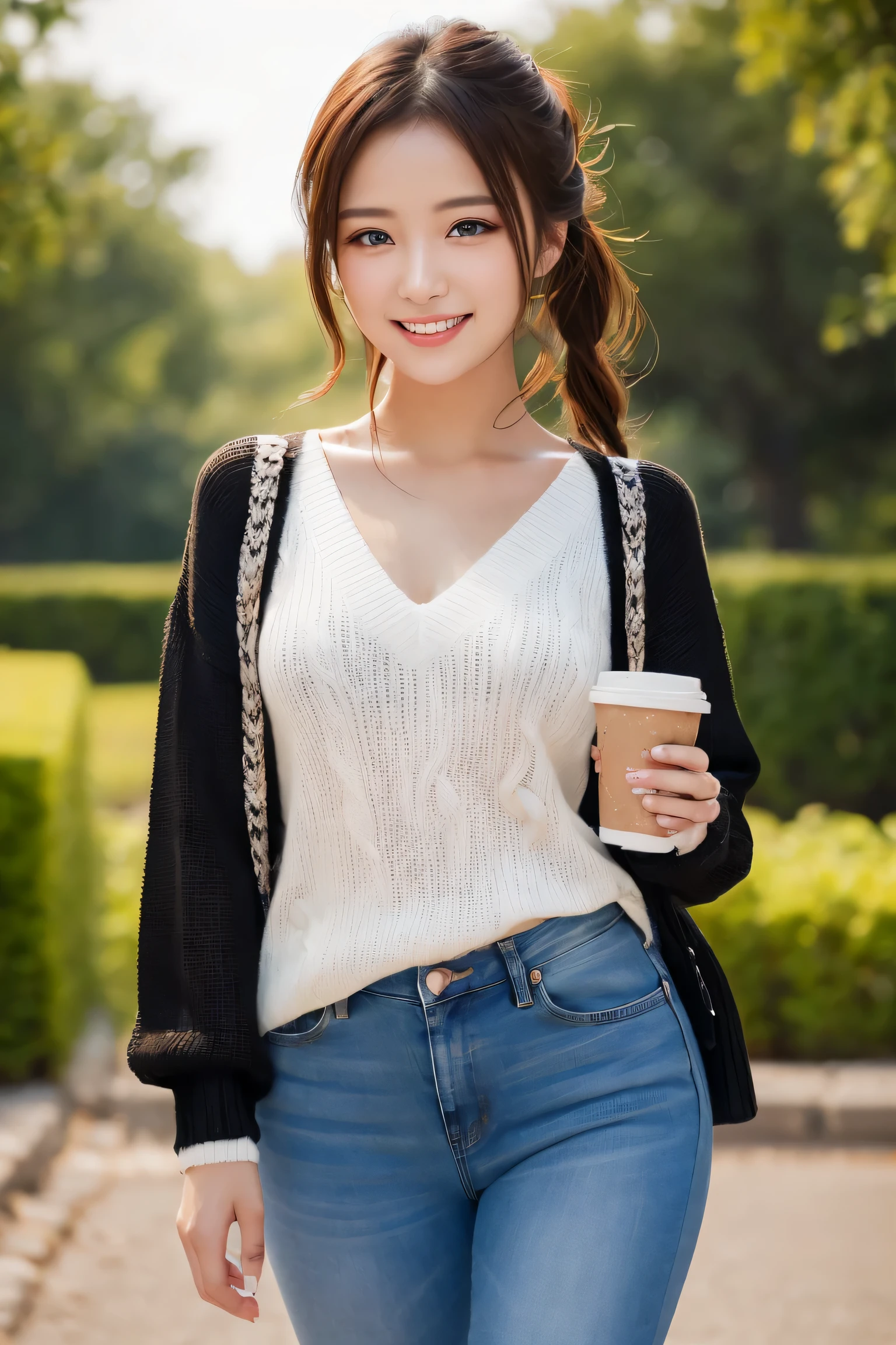 ((masterpiece)), ((best quality)), (ultra-detailed), ((kawaii)), cute, ((lovely)), ((extremely detailed)), ((extremely detailed)), ((extremely detailed)), 4K, (8K), (beautiful), illustration, (cowboy shot:1.3), outside, park, a cute girl, 1girl, soro, japanese, (black plain sweater:1.3), (v-neck plain sweater:1.3), (denim pants), (beautiful brown hair), ((beautiful hair)), (pony tail), beautiful blue eyes, ((beautiful eyes)), white teeth, smile, (blush:1.2), shine with colored light,