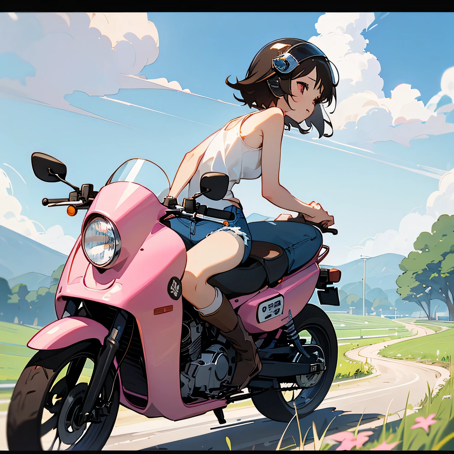 Highest quality、A girl is riding a Super Cub、Dark brown short cut、(He is wearing a jet helmet with white and black lines running down the center of the helmet from front to back.、White tank top、Pink riders jacket、Denim shorts、White knee-high socks、Brown work boots:1.3)、Japanese countryside scenery、Road beside the stream、Small creek、Dirt Road、Weeds grow along the side of the road、Blue sky、White clouds floating、Early summer sky、