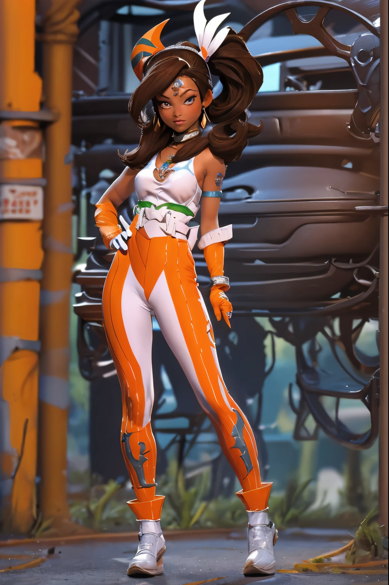 (masterpiece, best quality), intricate details, 1girl, Rampart, dark skin,forehead jewel ,nose piercing, side ponytail ,brown hair, jewelry, orange jumpsuit with white stripes, knee pads , right glove, green top, left arm tattoo,
