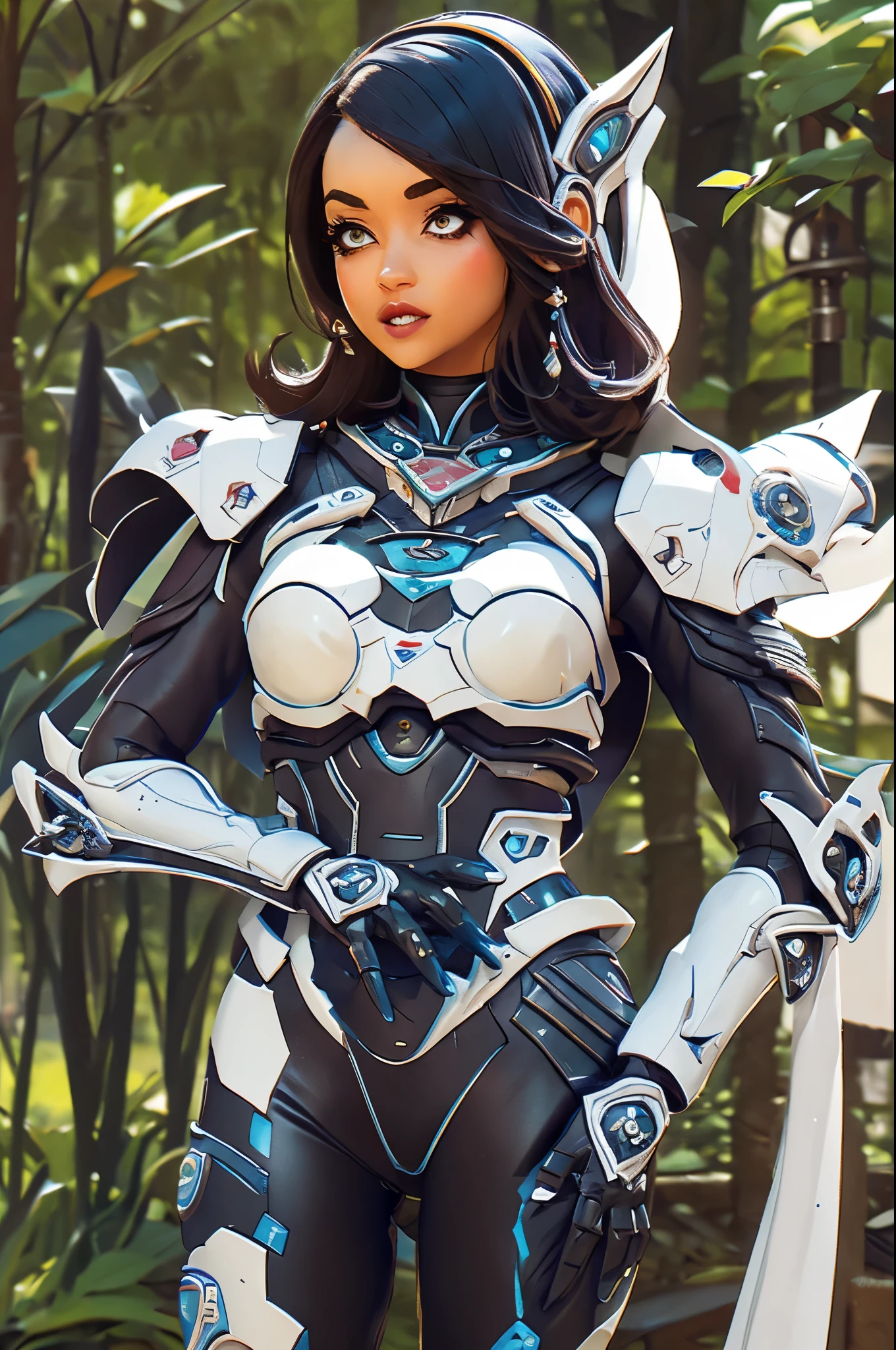 Obra-prima em 4K, estilo inspirado em Shadow of the Colossus, Mass Effect and Monster Hunter. | A stunning 30-year-old woman wearing all-white cybernetic armor with small blue areas and black robotic parts. The costume is adjusted to the body, destacando sua figura. O azul dela, short hair, com duas marias-chiquinhas e franja no olho direito, adds a unique touch. She&#39;s on an alien aircraft, full of technological equipment, grandes computadores, futuristic windows and metal structures. Adopt a dynamic pose, recostando-se de uma forma cativante. The camera is extremely close, focando em todo o corpo do personagem principal. | {The camera is positioned very close to her, revealing his entire body as he takes on a dynamic pose, inclinando-se de uma forma cativante} | ((perfeito_Posar):1), ((corpo inteiro)), ((Hands_com_5_Dedos):1), ((perfeito_Dedos):1), ((perfeito_perna):1), melhor_Hands, mais_detalhe.
