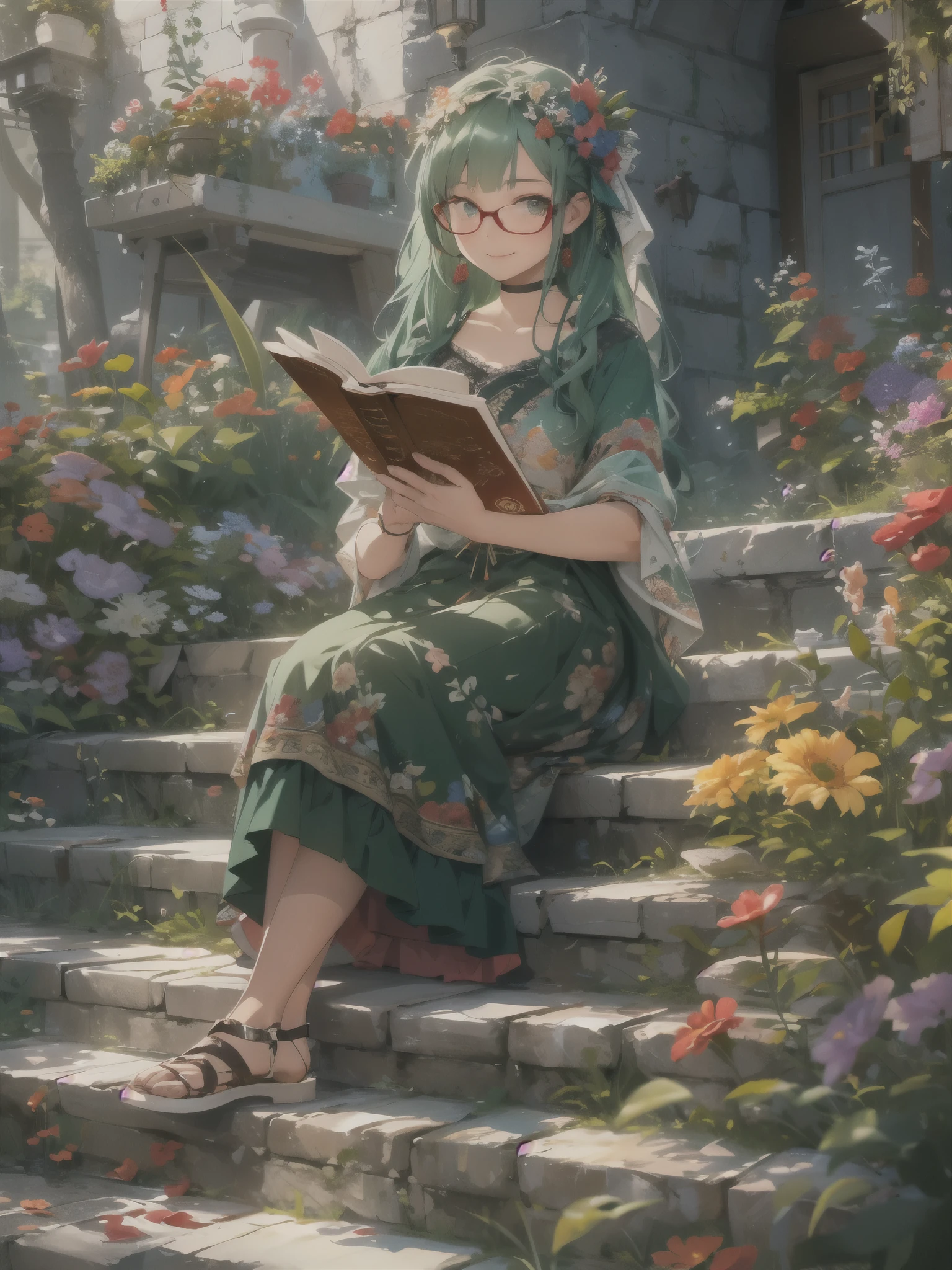 (ultra-detailed,realistic),outdoor scene,girl sitting on the long stone stairs,smile,reading a book,wearing red glasses,deep green hair,long hair,with a hairpin,wearing a long skirt with green floral pattern,sunlight,colorful flowers,