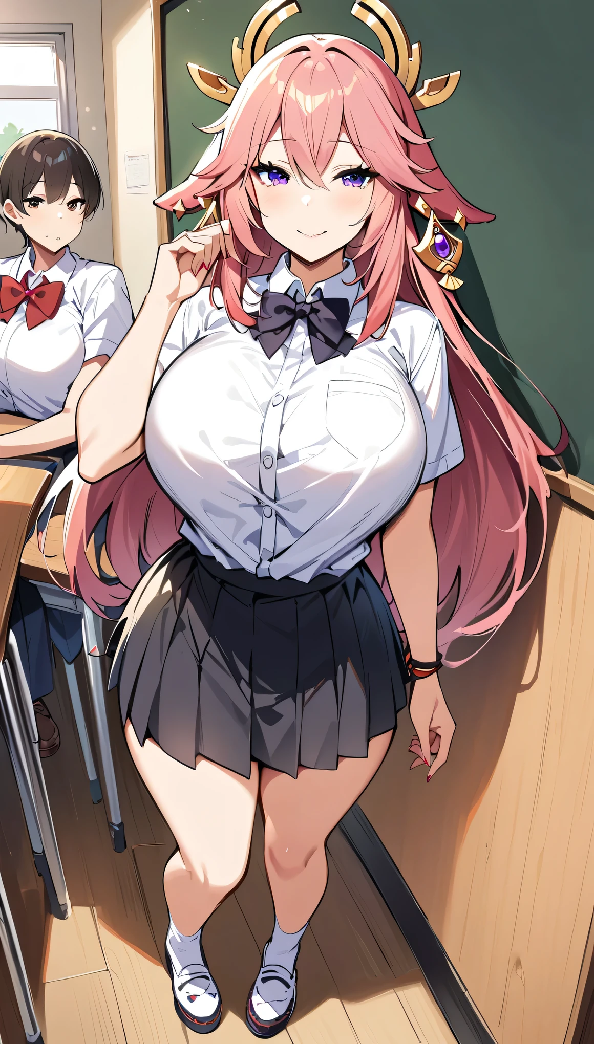 Yae Miko,front view,masterpiece, best quality, highres, JK,huge tit,1girl,full body,breasts,looking at viewer,smile,pleated skirt,shirt tucked in,skirt,tented shirt,bowtie,in school