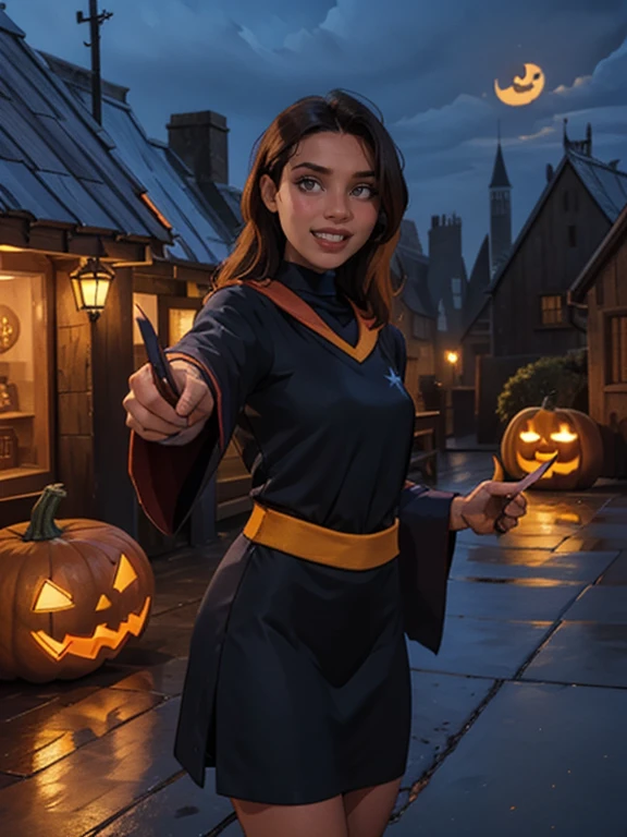 1girl, solo, RAW Photo, Photograph of a young beautiful bright indonesian woman with long hair flow in soft curl, grin smile, pointing and holding pumpkin, wear hogwarts uniform, halloween theme, dark, outdoor, night, detailed background, (cowboy shot:1.1), best quality, masterpiece, uhd, ((photorealistic))