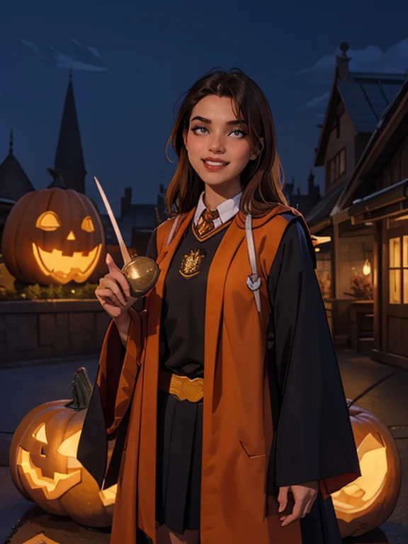 1girl, solo, RAW Photo, Photograph of a young beautiful bright indonesian woman with long hair flow in soft curl, grin smile, pointing and holding pumpkin, wear hogwarts uniform, halloween theme, dark, outdoor, night, detailed background, (cowboy shot:1.1), best quality, masterpiece, uhd, ((photorealistic))