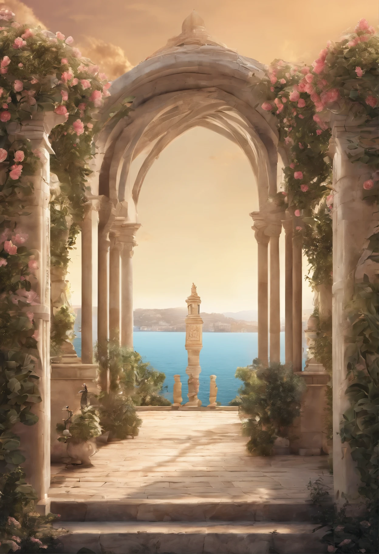 Italian coast、middle ageediterranean garden、Rose garden with pond, Art Deco, interior architecture, Gothic art, Art Nouveau, cinematic lighting, backlighting, foreshortening, masterpiece, ccurate, super detail, high details, high quality, award winning, best quality, highres, 8k