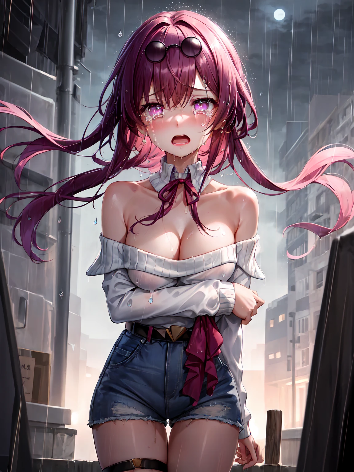 Masterpiece ,best quality , high resolution , ultra detail , colorful , soft light , mild light , sunlight , shinny , (glowing eyes , ultra detail eyes , perfect face , ultra detailed hair and face) , (1 girl solo:1.38) , (sunglasses, eyeweard on head, purple hair , purple eyes , neck-ribbon , hairband) , (bare shoulder , sweater ,denim micro short , bow , belt) , (sagging Neckline, low cut) , armband, thigh strap ) , (cleavage:1.35) , (medium breast:1.36) , (standing:1.3) ,(outdoor , (droplet:1.3) , night , dark , moonlight , in front of food shop , strong wind , (raindrop:1.2) , (heavy raining:1.25) , vivid rain) , ( full face blush , shy , (crying:1.28) , (tearing:1.25) , (very sorrow:1.28) , open mouth) ,