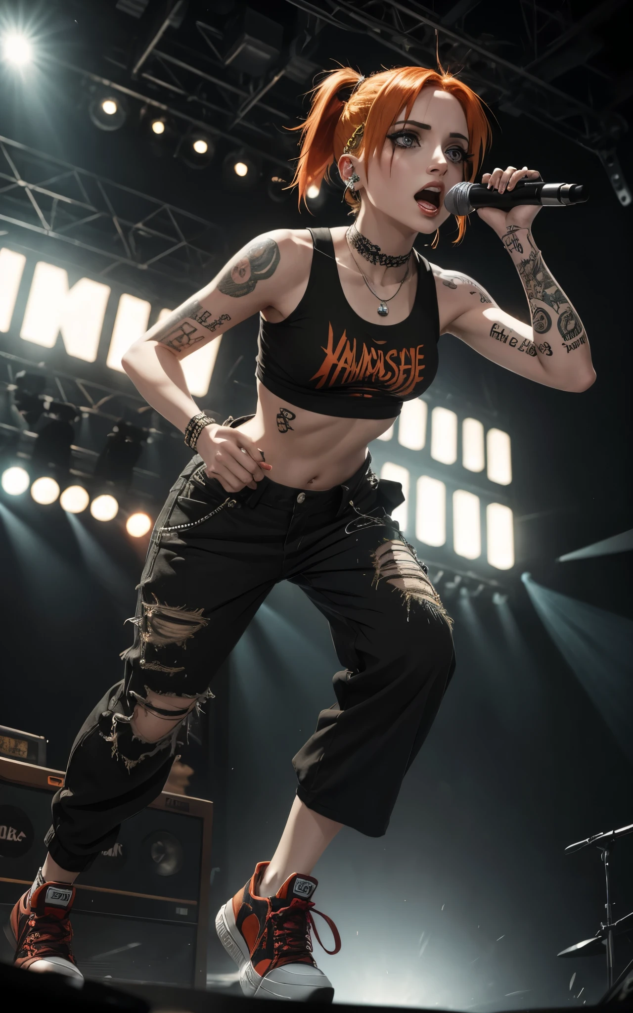 (Emily Rudd:Hayley Williams) Alternative rock singer, orange hair, tank top and wide pants, sneakers, singing on stage, black eye shadow, heavily tatooed, digital art, piercings, masterpiece, hyperdetailed.