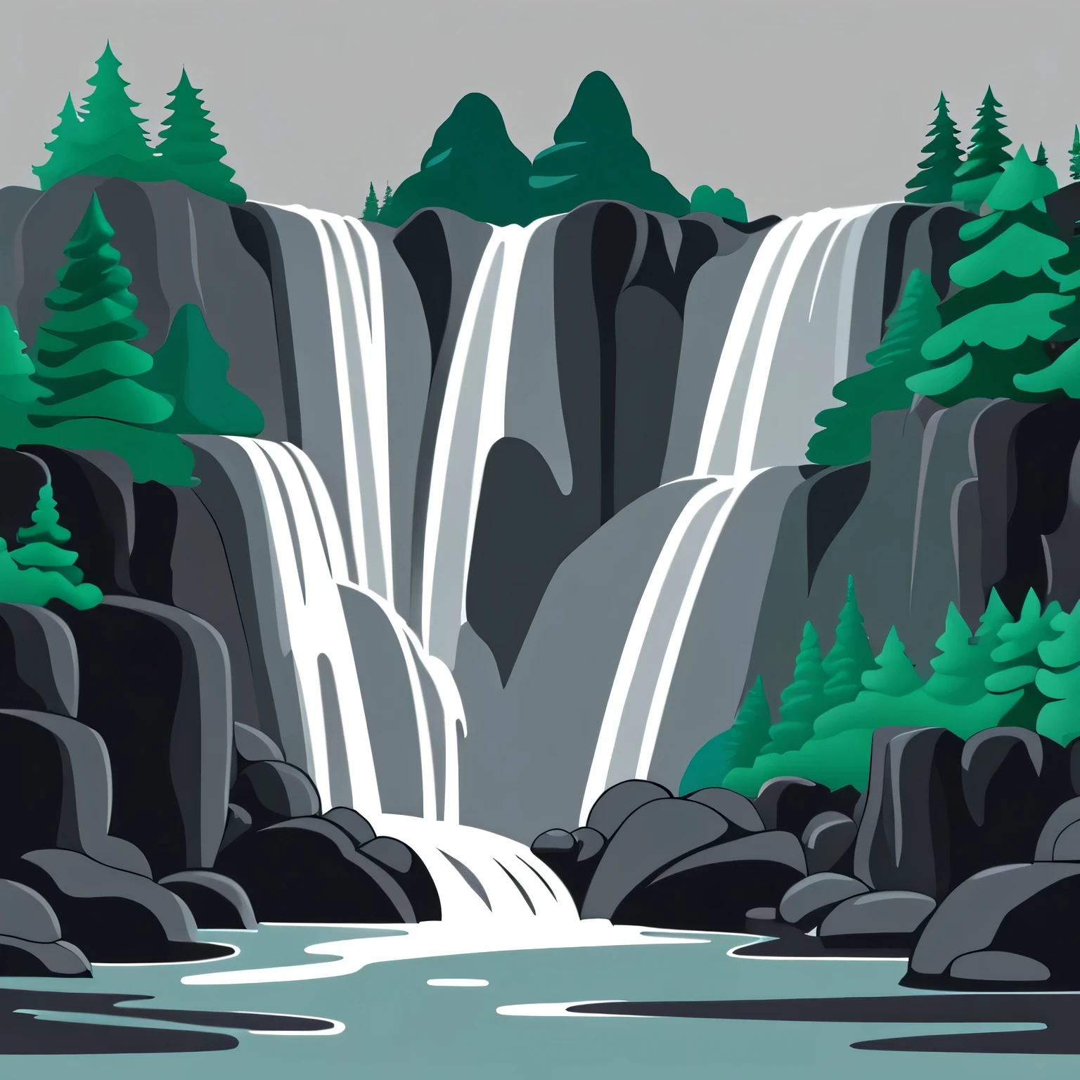 /Imagine Prompt: Waterfall illustration for banner on grey background, bold outline style, irregular, Trashcore, light shading cartoonish, sketch,