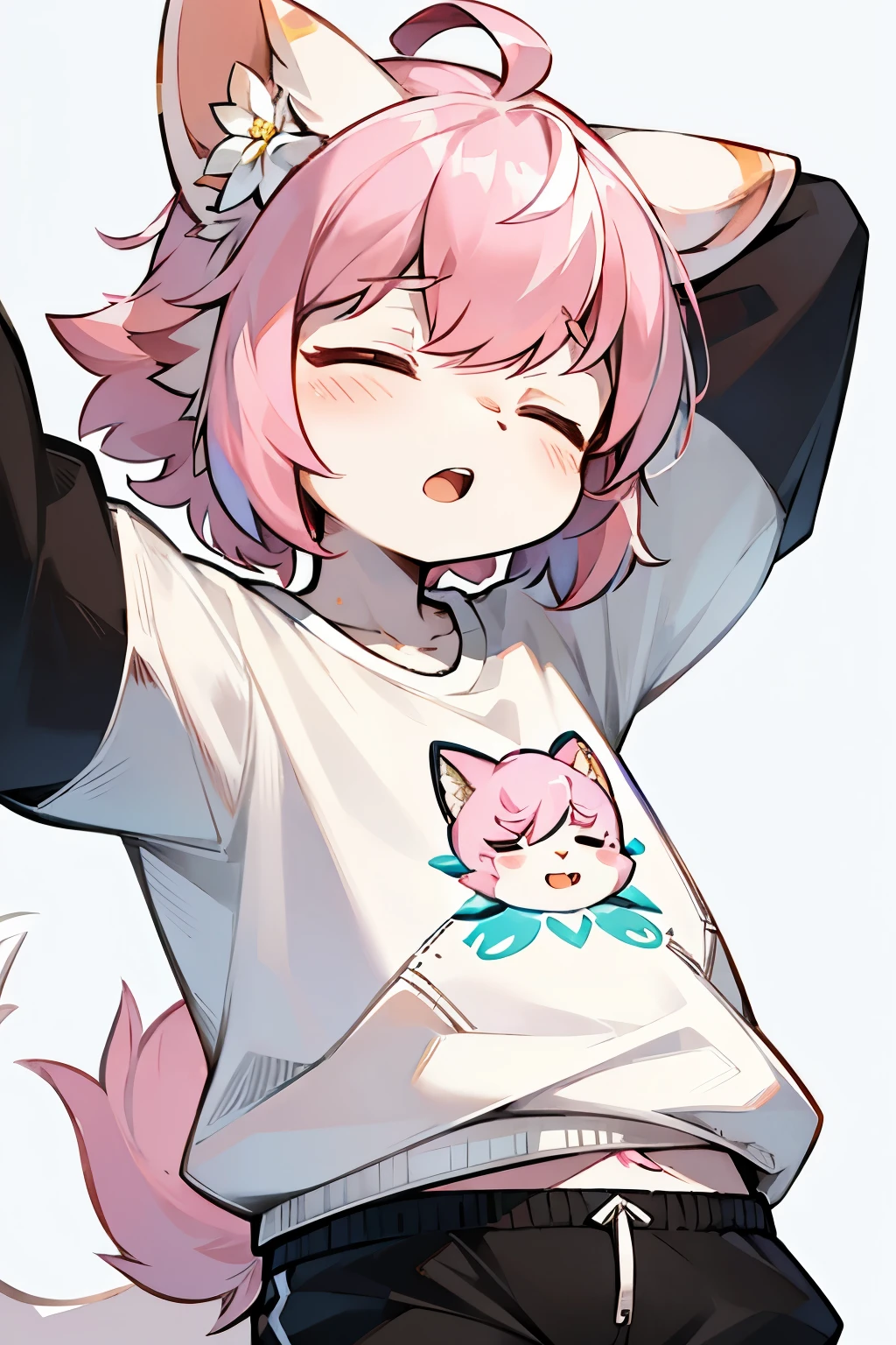 Flower cat,hairy,hairy的,Bust Avatar,White sweatshirt with colorful pattern,Black casual pants,White Stripes,Q version,Lovely,simple art style,Cartoon Style,Close your eyes,yawn,tension,Pink hair with ears, White hair on ear tips,Pink hair on back,tail blue,Tip white,