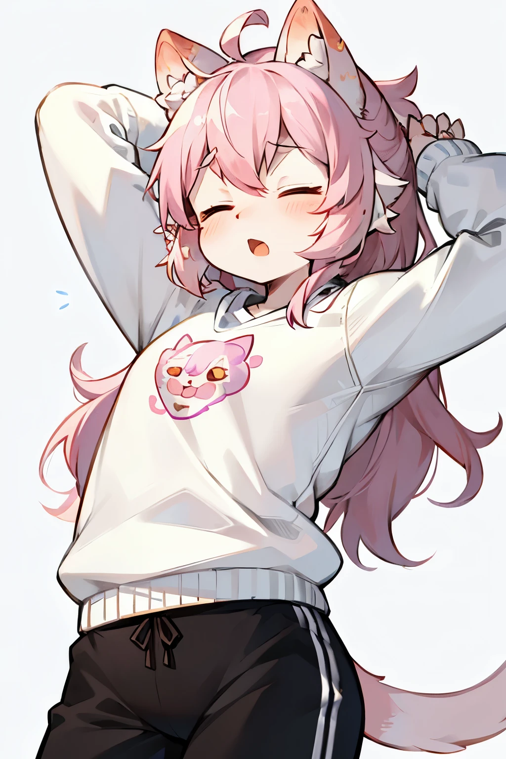 Flower cat，hairy，hairy的，Bust Avatar，White sweatshirt with colorful pattern，Black casual pants，White Stripes，Q version，Lovely，simple art style，Cartoon Style，Close your eyes，yawn，tension，Pink hair with ears, White hair on ear tips，Pink hair on back，tail blue，Tip white，