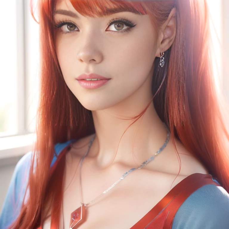there is a woman with red hair and a blue dress, photorealistic anime girl render, alena aenami and artgerm, redhead girl, 8k artgerm bokeh, alexandra fomina artstation, style artgerm, gorgeous digital painting, amouranth, portrait of asuka langley soryu, beautiful alluring anime woman, beautiful anime woman