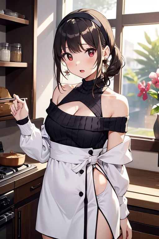 masterpiece, yor, 1girl, Amazing Cleavage:1.3, thin waist, big ass, Raised sexy, medium breast: 1.3 posed cleavage:1.2、solo, looking at viewer, open mouth, have a cup of coffee,black hair, red eyes, dress, bare shoulders, jewelry, collarbone, sidelocks, hairband, earrings, indoors, off shoulder, :o, sweater, arms behind back, plant, short hair with long locks, white hairband, off-shoulder dress, sweater dress, off-shoulder sweater, red sweater, big side hair, very long side hair,is rendered in (masterpiece: 1.2, best quality), with (ultra high resolution) and an exquisite (depth of field). This masterpiece is not only visually stunning but also tells, make of cooking some cakes ,in the kitchen