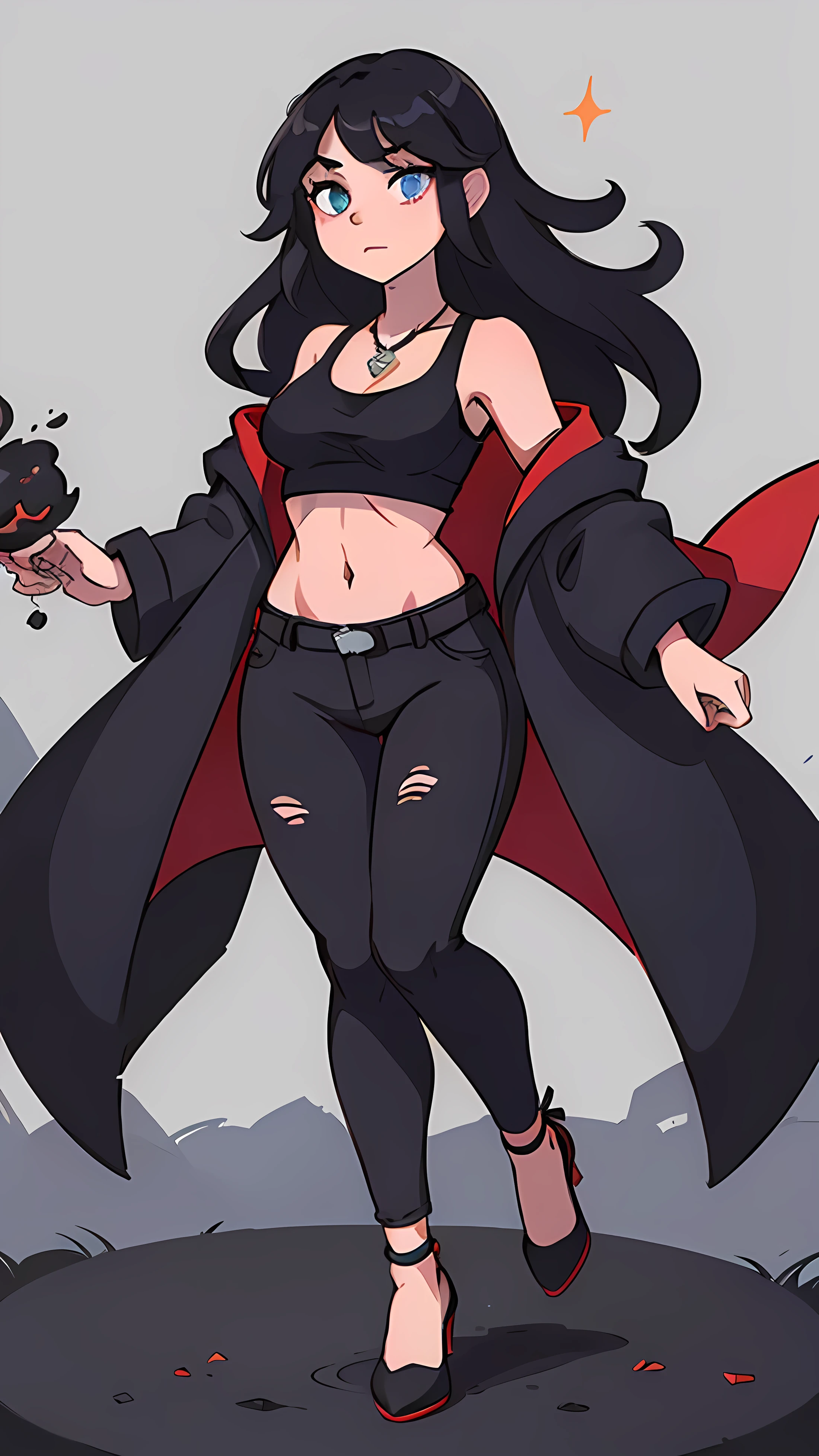 A brown girl medium sized and good ass with sexy legs with long black hair and blue eyes wear a black form-fitting crop top that showcases your curves, paired with black skinny jeans shorts that accentuate your physique.with a red overcoat shirt .The outfit is primarily in shades of red and black, giving you a bold appearance. To accessorize, you wear a silver pendant with a sparkling gemstone that matches your eyes, along with a pair of trendy heels to protect your feet during your journeys.as you had opened hairs