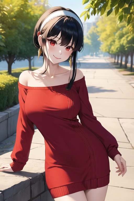 masterpiece, best quality, highres, bbyorf, short hair with long locks, white hairband, red eyes, gold earrings, large breasts, jewelry, off shoulder, red sweater, sweater dress, long sleeves, black pantyhose, outdoors, standing cowboy shot, smile,