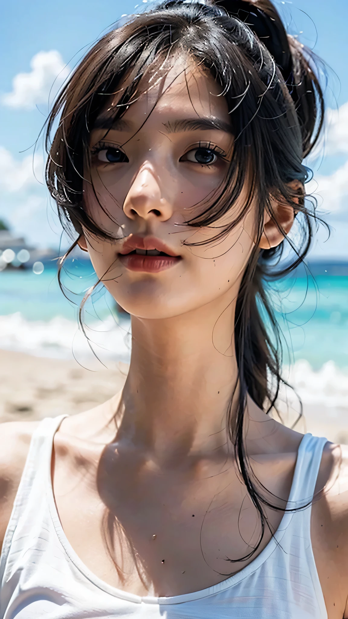 (MASTERPIECE:1.2),(CGI ART:1.3),(REALISTIC:1.5),(POST PROCESSING:1.3),(SHARP FOCUS:1.3),8K,1 girl, ((UPPER BODY)), (Swimsuit) ), (Glossy Skin)))),Beach, (High Shadow Detail) , (Illustration: 1.2), ( ulzzang-6500:1.0)