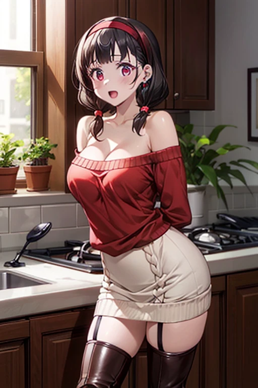 masterpiece, yor, 1girl, Amazing Cleavage:1.3, thin waist, big ass, Raised sexy, medium breast: 1.3 posed cleavage:1.2、solo, looking at viewer, open mouth, have a cup of coffee,black hair, red eyes, dress, bare shoulders, jewelry, collarbone, sidelocks, hairband, earrings, indoors, off shoulder, :o, sweater, arms behind back, plant, short hair with long locks, white hairband, off-shoulder dress, sweater dress, off-shoulder sweater, red sweater, big side hair, very long side hair,is rendered in (masterpiece: 1.2, best quality), with (ultra high resolution) and an exquisite (depth of field). This masterpiece is not only visually stunning but also tells, make of cooking some cakes ,in the kitchen,open mouth smile((leather thigh high boots))(garter belt),((black hair)),blush、surprised face,