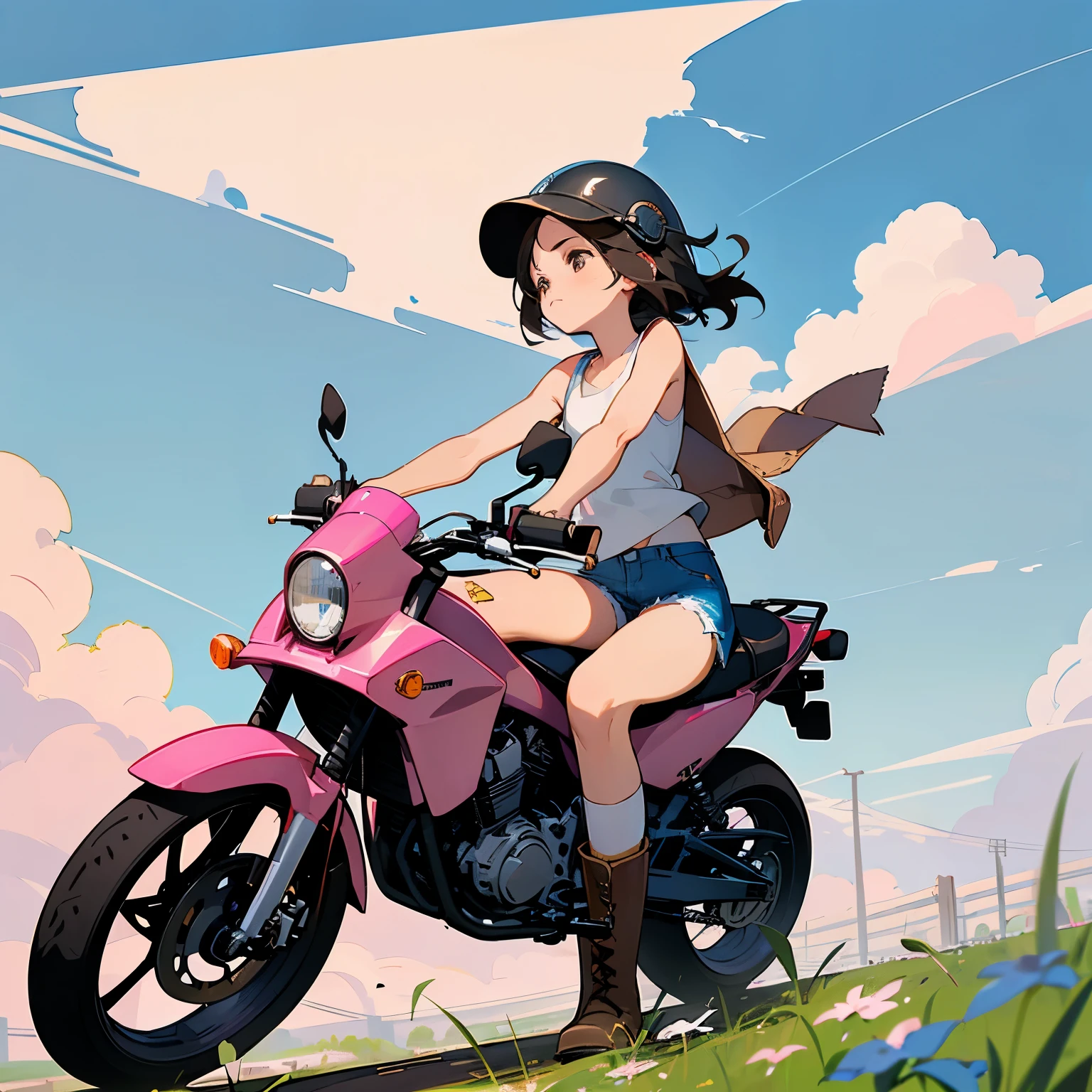 Highest quality、A girl is riding a Super Cub、Dark brown short cut、(He is wearing a jet helmet with white and black lines running down the center of the helmet from front to back.、White tank top、Pink riders jacket、Denim shorts、White knee-high socks、Brown work boots:1.3)、Japanese countryside scenery、Road beside the stream、Small creek、Dirt Road、Weeds grow along the side of the road、Blue sky、White clouds floating、Early summer sky、